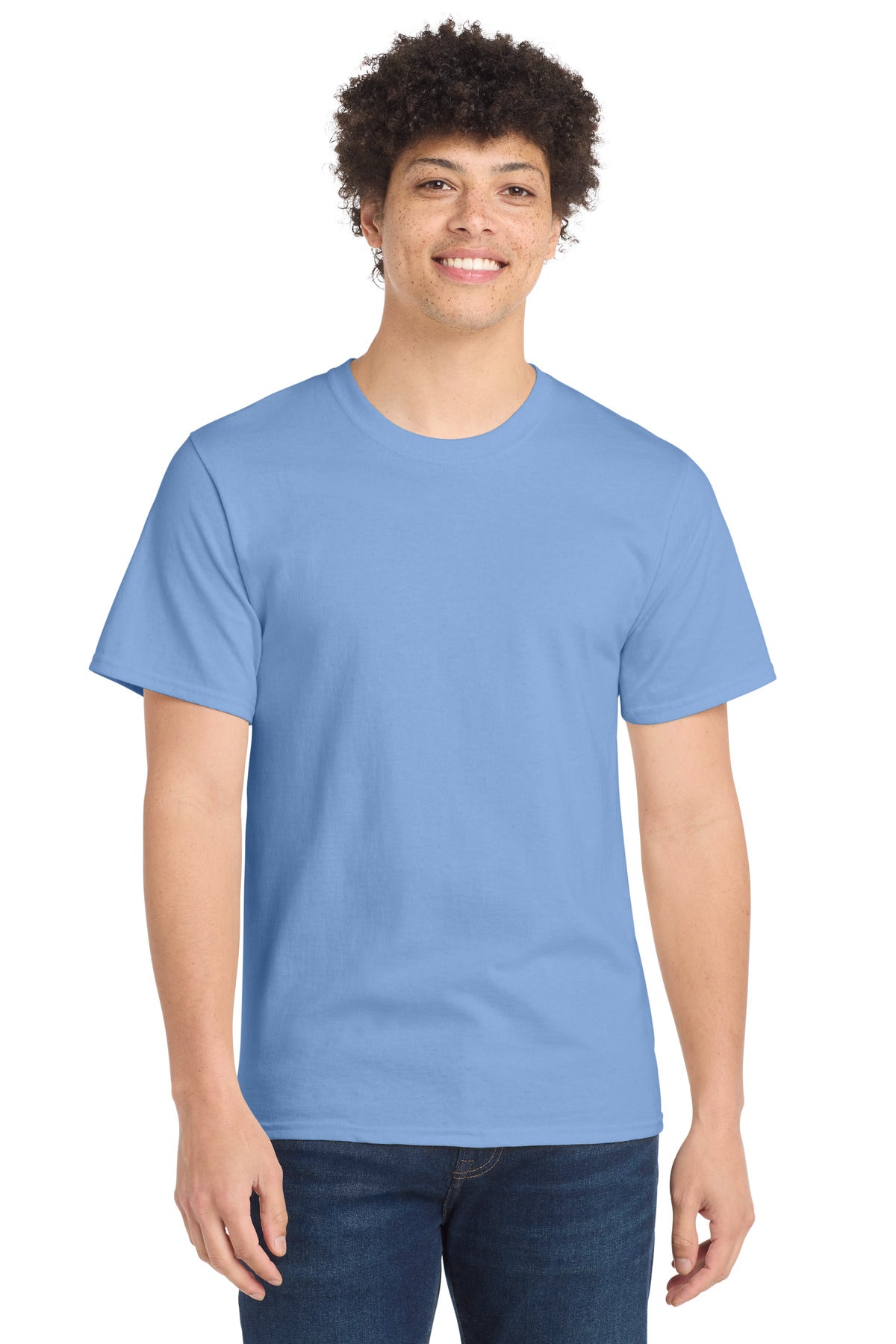Front View of Light Blue Port & Co Tall Essential Tee. PC61T