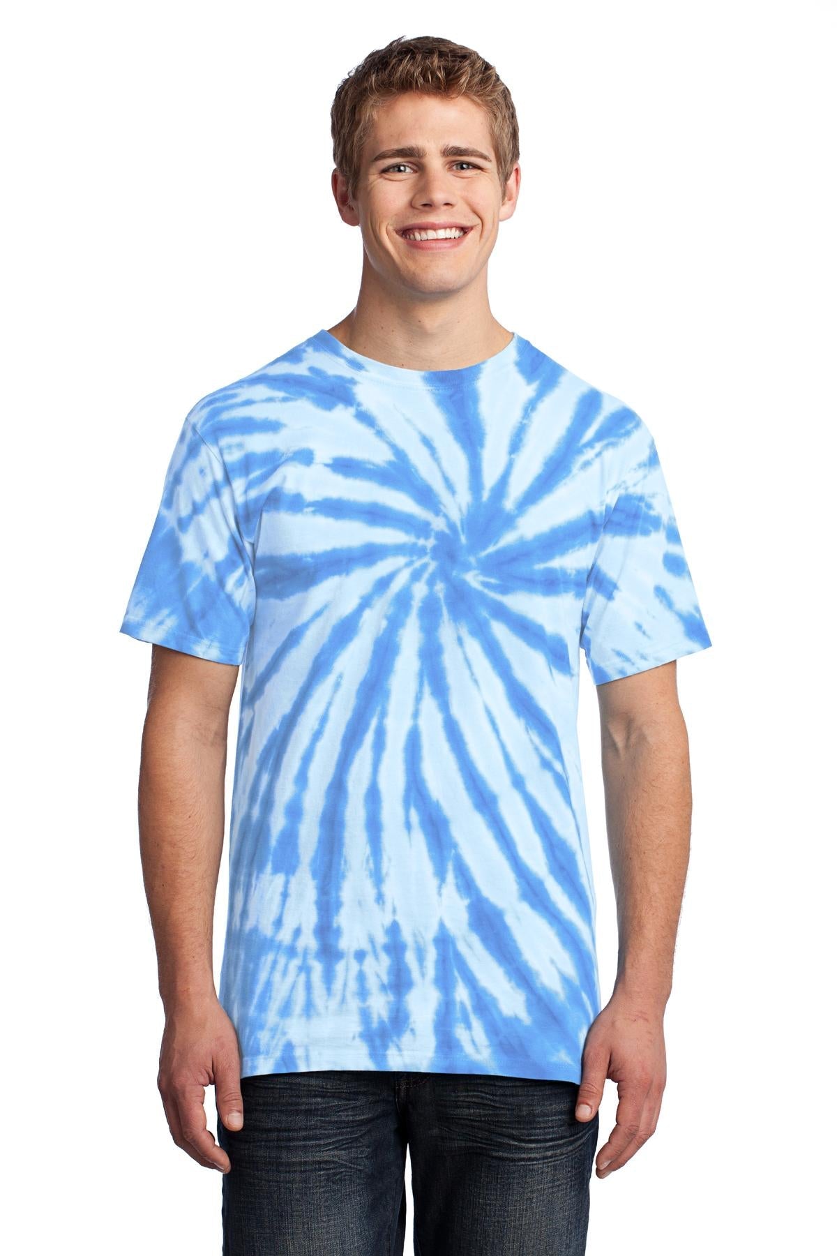 Front View of Light Blue Port & Co Tie-Dye Tee. PC147