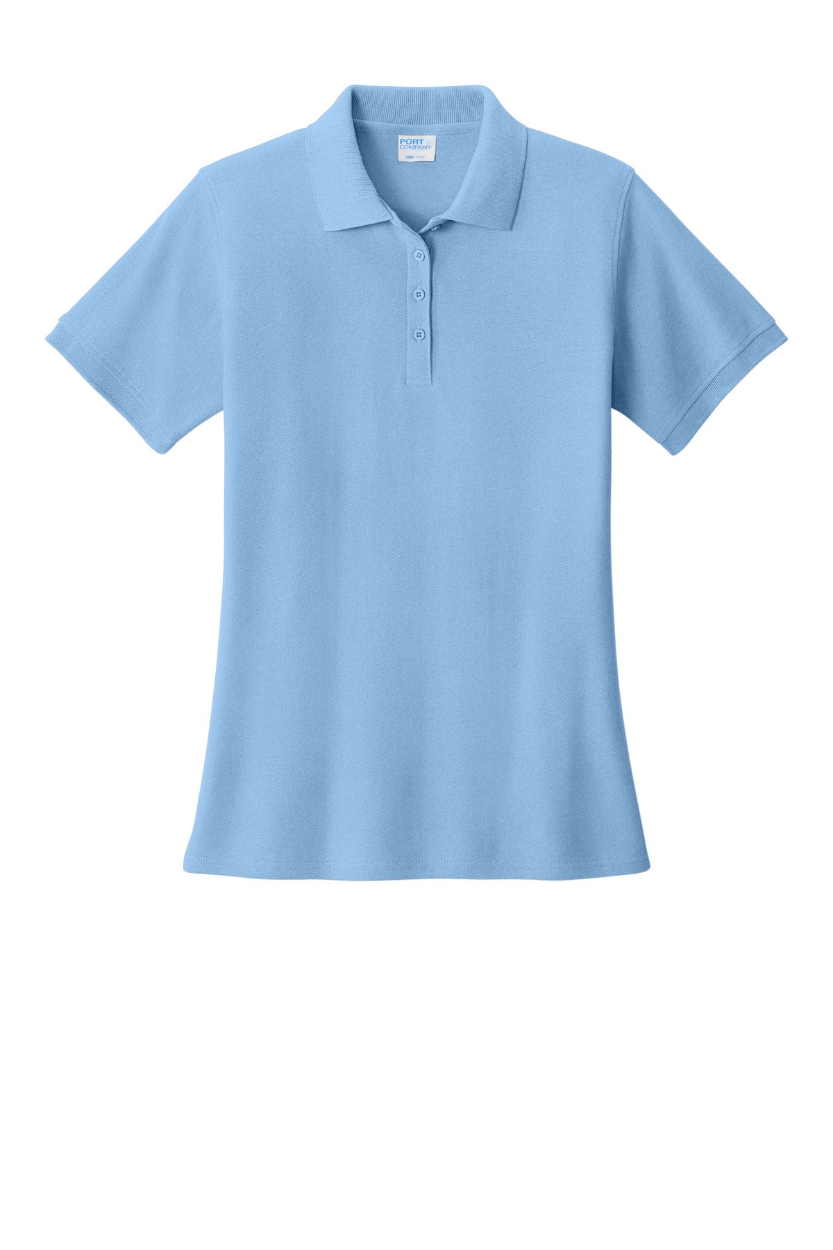Front View of Light Blue Port & Co Women's Core Blend Pique Polo. LKP155