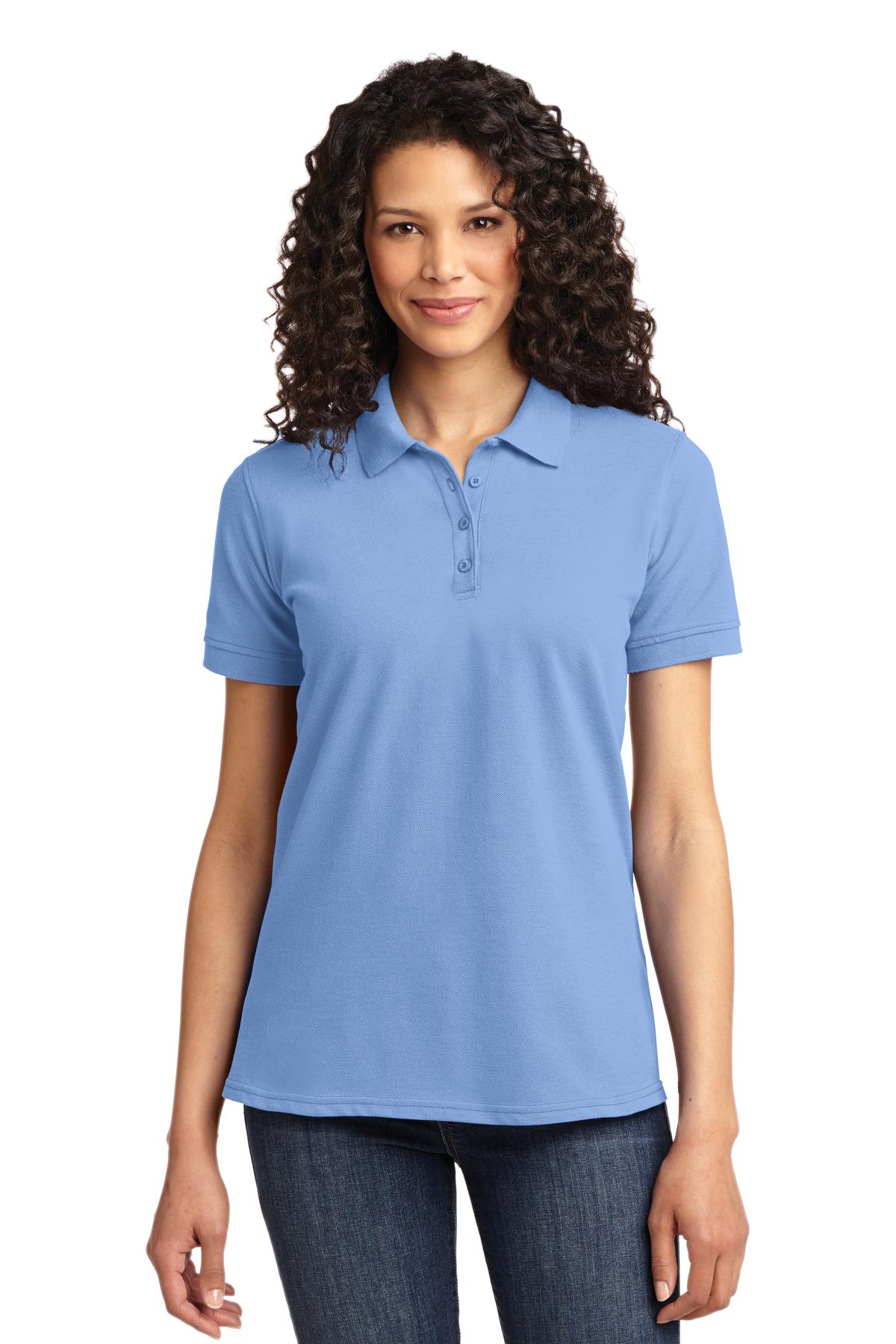 Front View of Light Blue Port & Co Women's Core Blend Pique Polo. LKP155