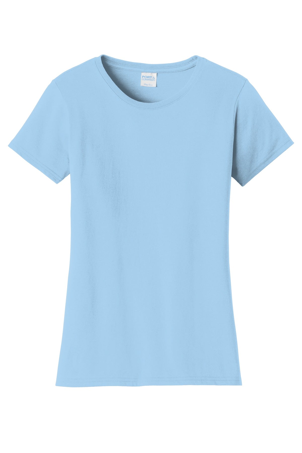 Front View of Light Blue Port & Co Women's Fan Favorite Tee. LPC450