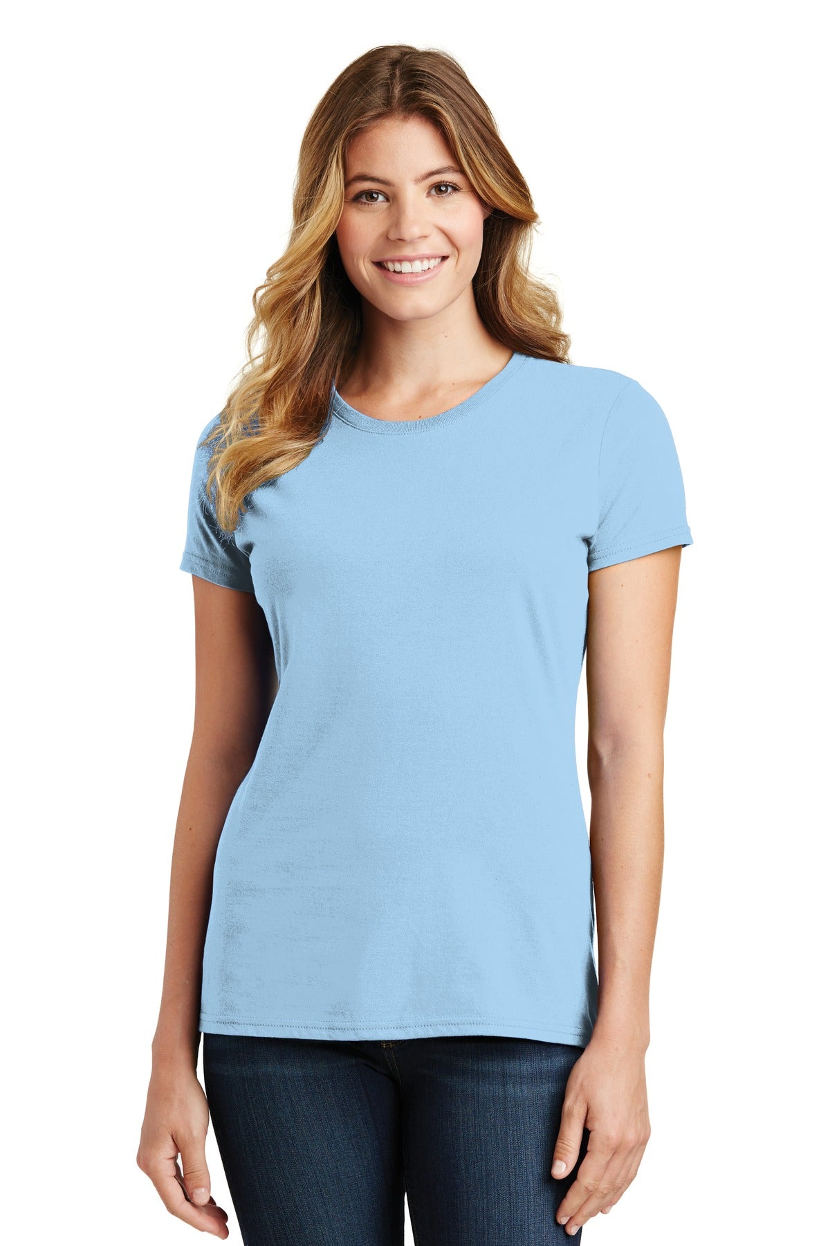 Front View of Light Blue Port & Co Women's Fan Favorite Tee. LPC450