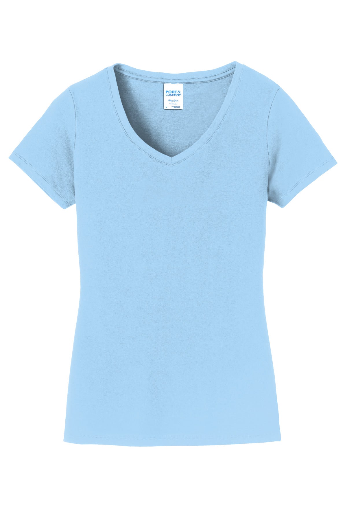 Front View of Light Blue Port & Co Women's Fan Favorite V-Neck Tee. LPC450V
