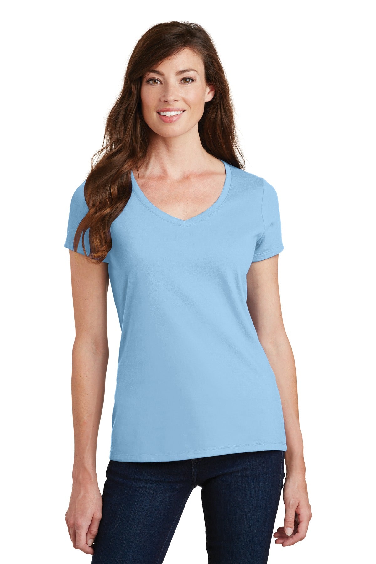 Front View of Light Blue Port & Co Women's Fan Favorite V-Neck Tee. LPC450V