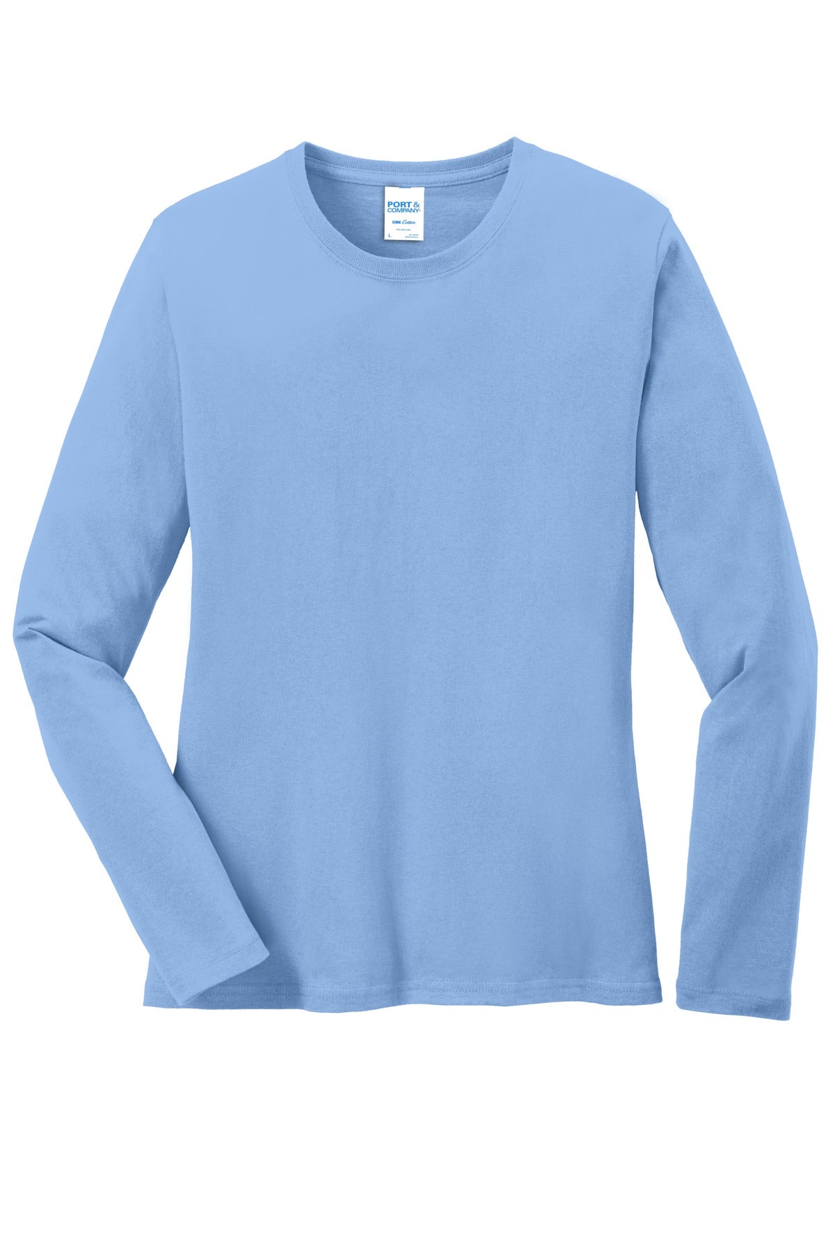Front View of Light Blue Port & Co Women's Long Sleeve Core Cotton Tee. LPC54LS