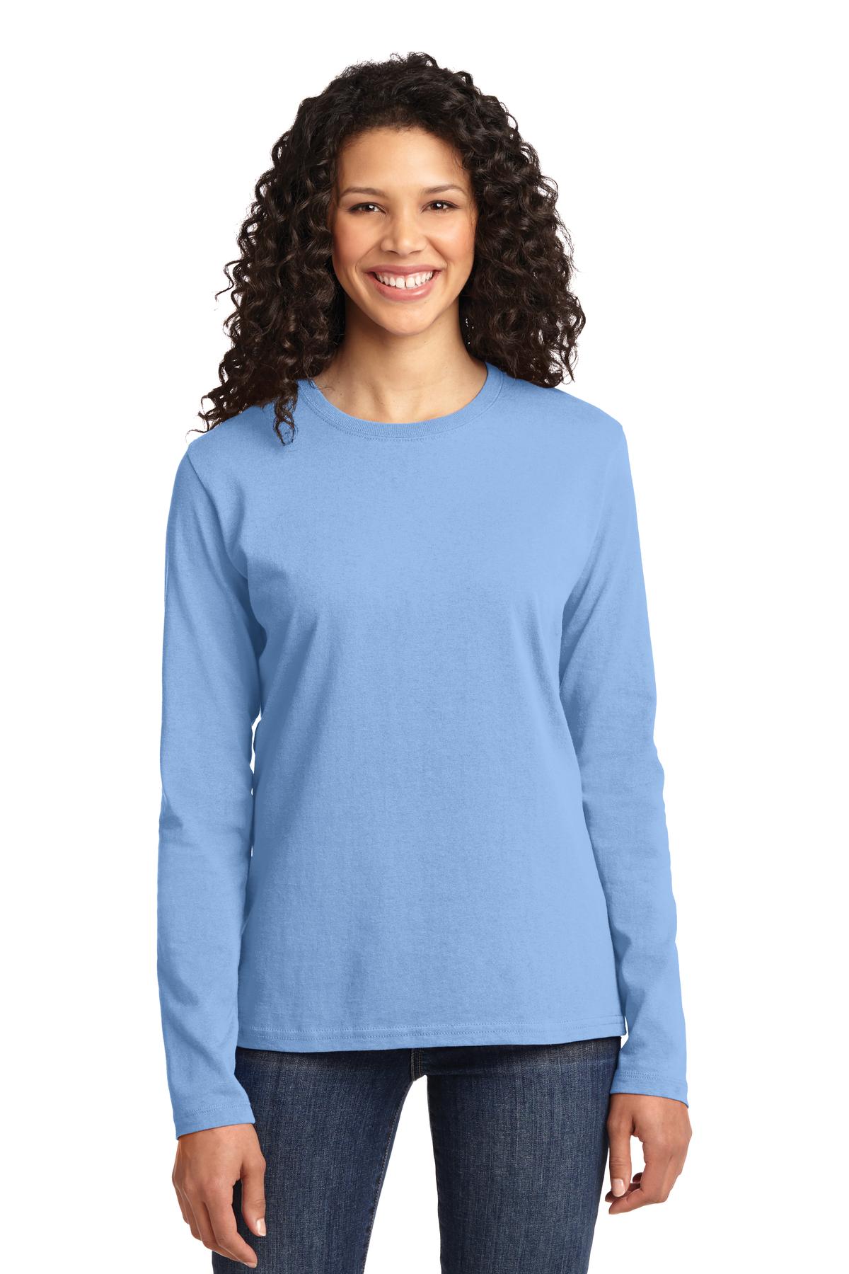 Front View of Light Blue Port & Co Women's Long Sleeve Core Cotton Tee. LPC54LS