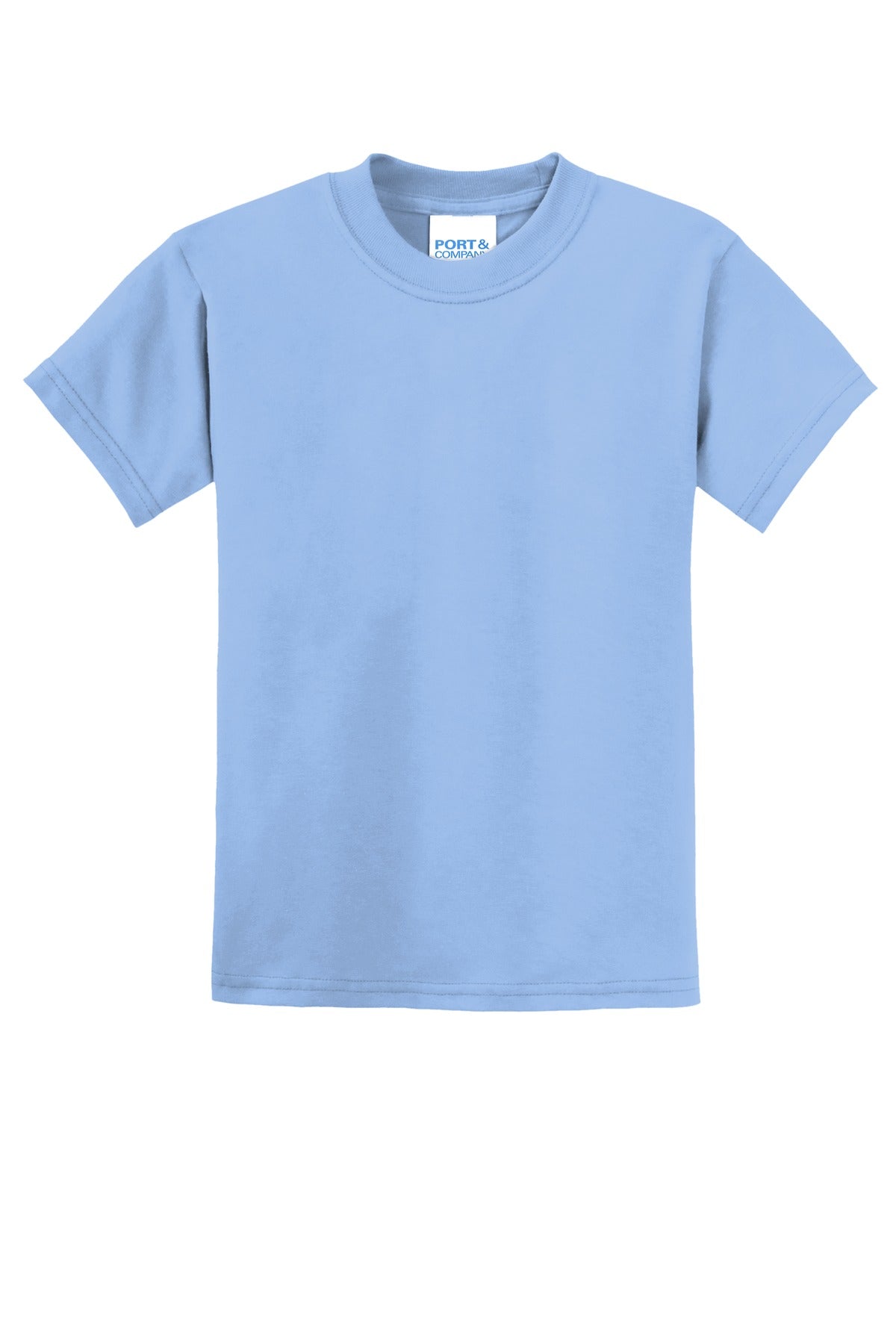 Front View of Light Blue Port & Co Youth Core Blend Tee. PC55Y