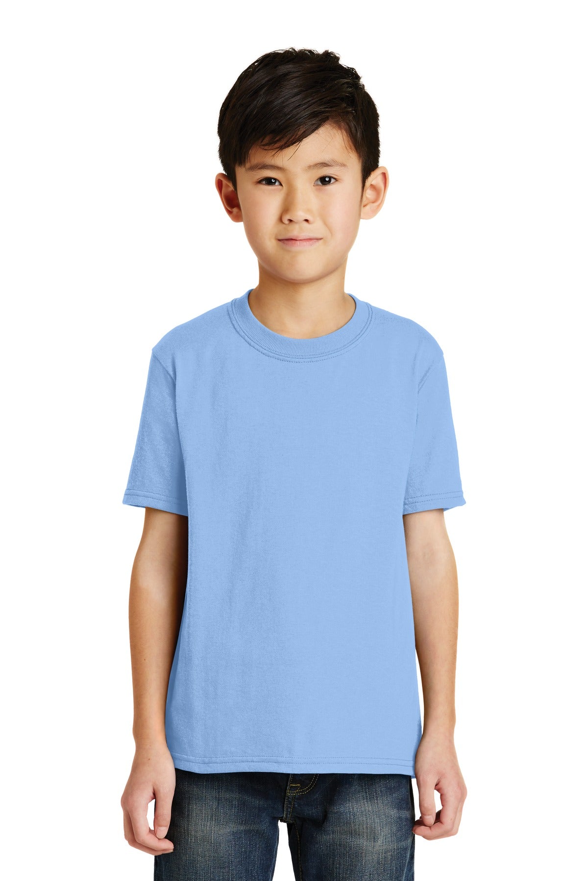 Front View of Light Blue Port & Co Youth Core Blend Tee. PC55Y