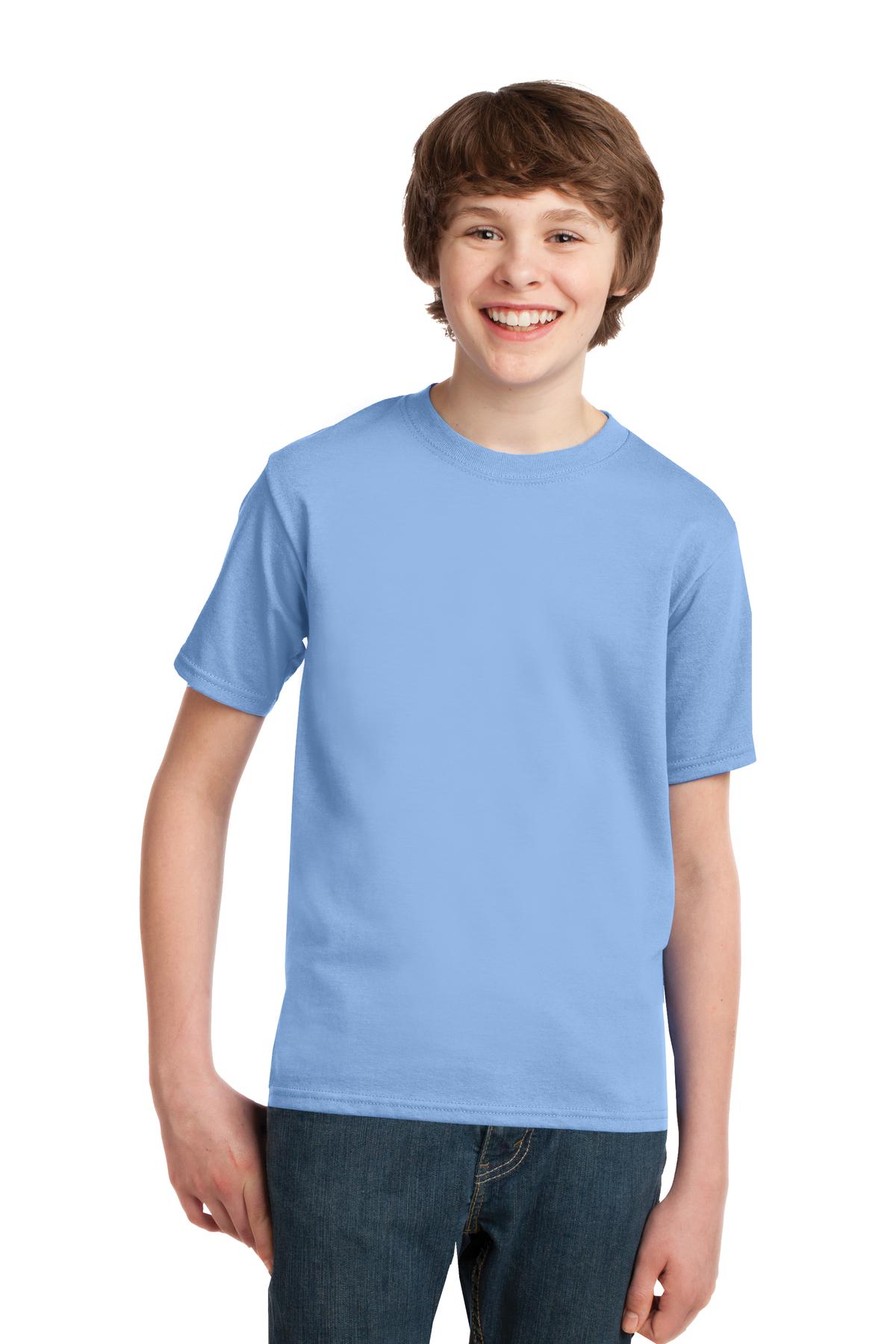 Front View of Light Blue Port & Co Youth Essential Tee. PC61Y