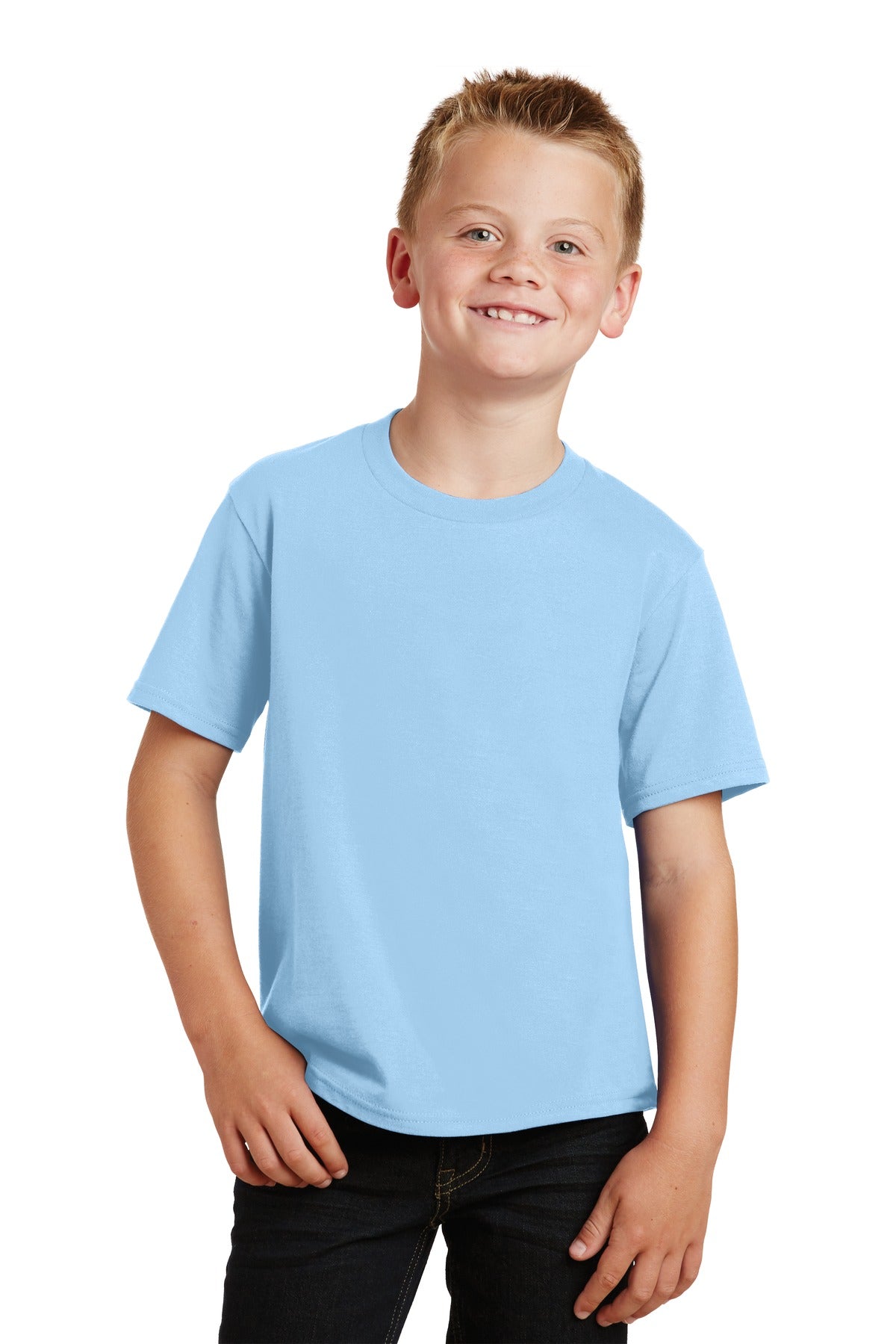 Front View of Light Blue Port & Co Youth Fan Favorite Tee. PC450Y