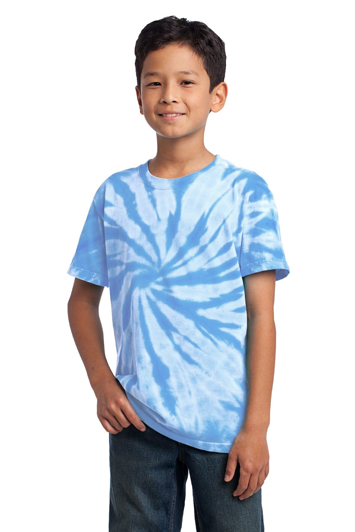 Front View of Light Blue Port & Co Youth Tie-Dye Tee. PC147Y