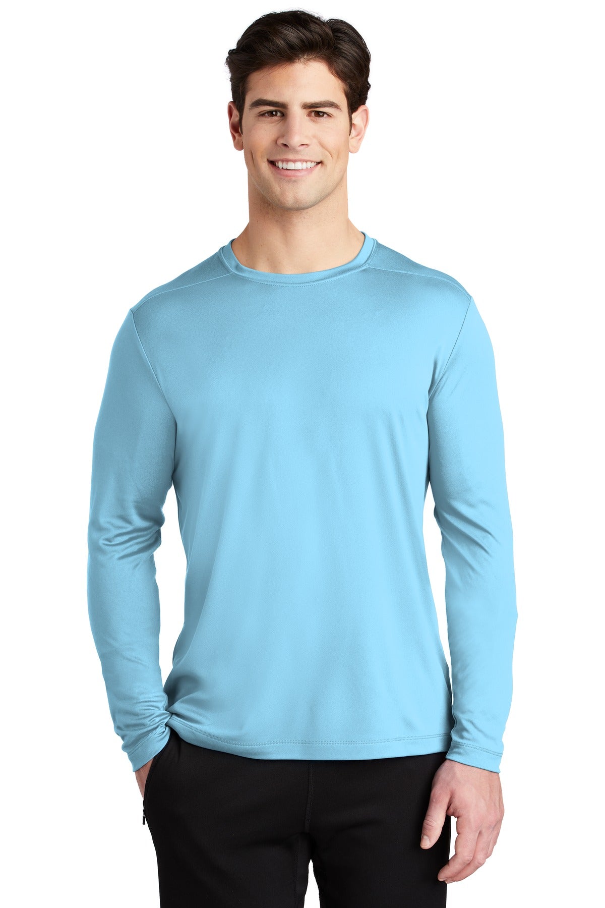 Front View of Light Blue Sport-Tek Posi-UV Pro Long Sleeve Tee. ST420LS