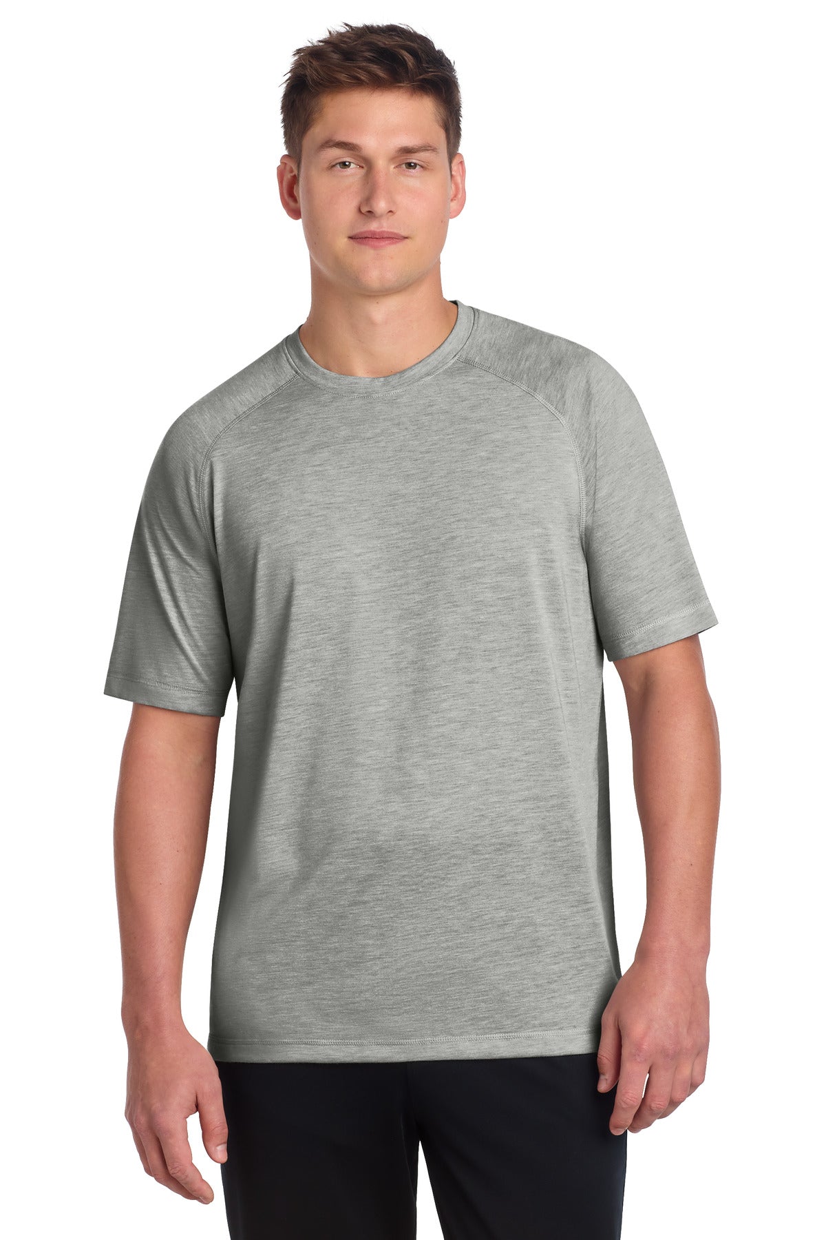 Front View of Light Grey Hth Sport-Tek PosiCharge Tri-Blend Wicking Raglan Tee. ST400