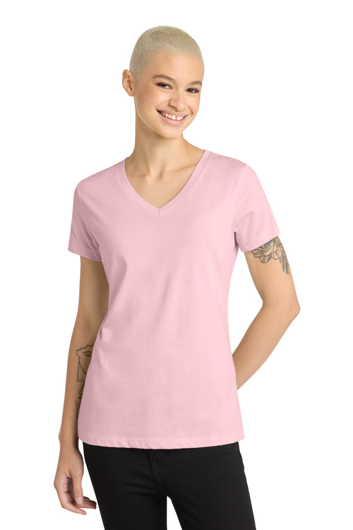 Front View of Light Pink District - Women's Perfect Weight V-Neck Tee. DM1170L