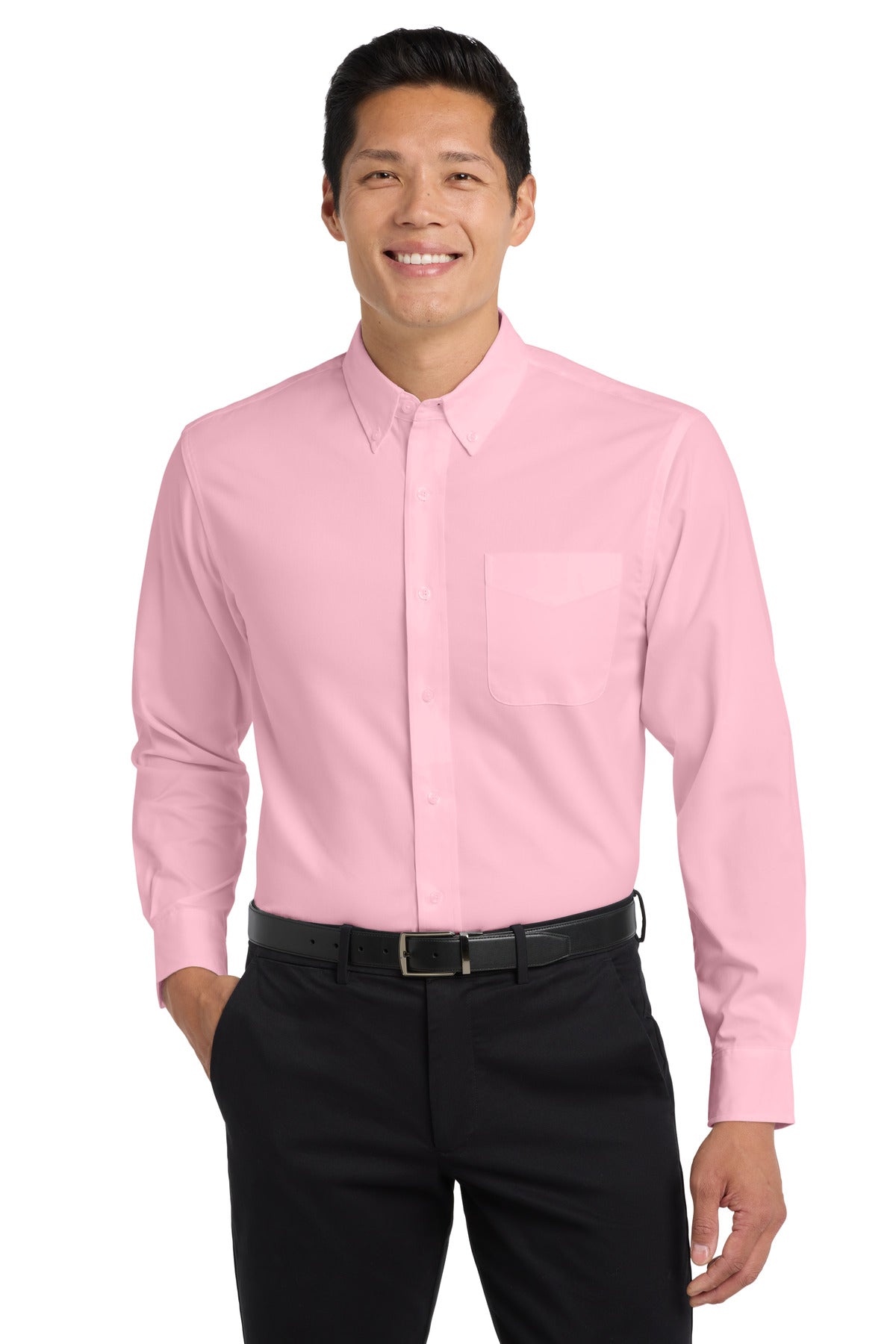 Front View of Light Pink Port Authority Long Sleeve Easy Care Shirt S608