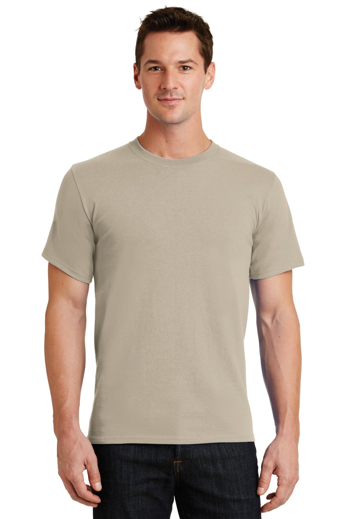 Front View of Light Sand Port & Co Essential Tee. PC61