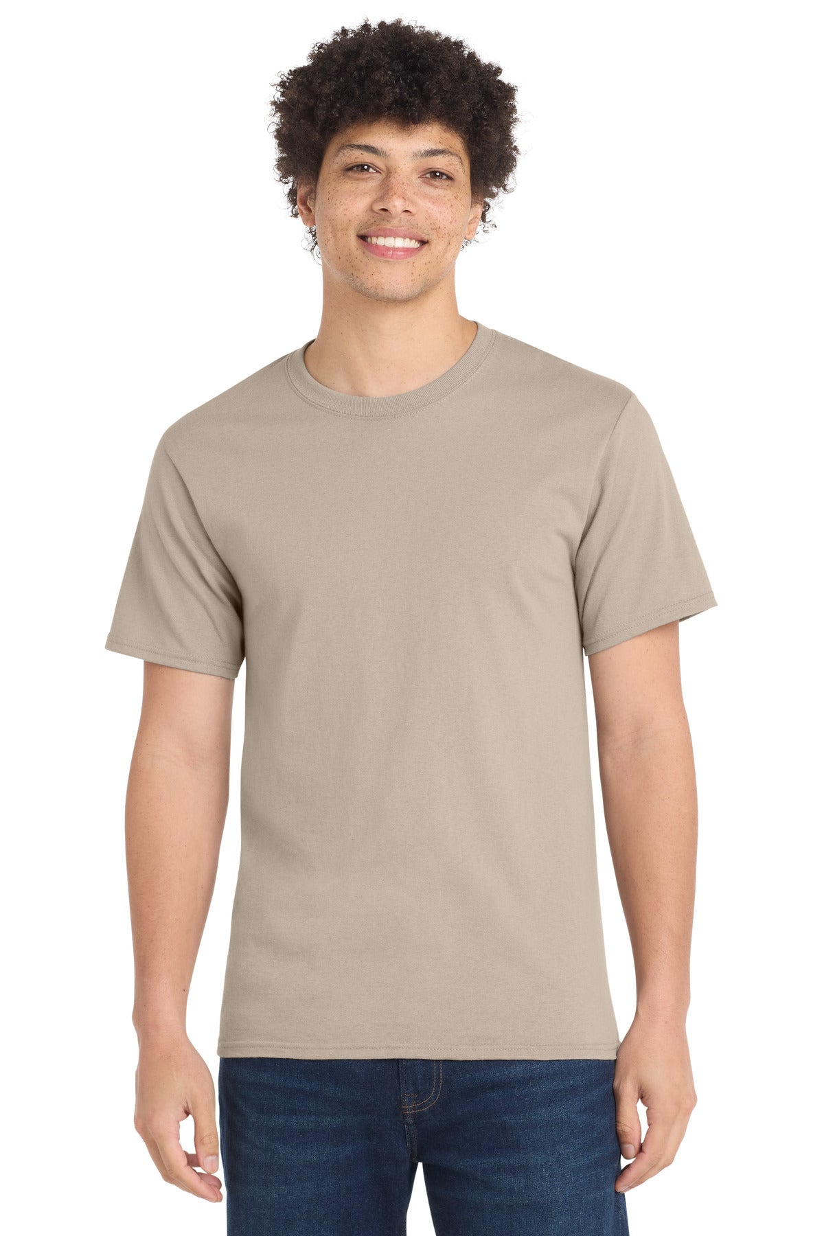 Front View of Light Sand Port & Co Tall Essential Tee. PC61T