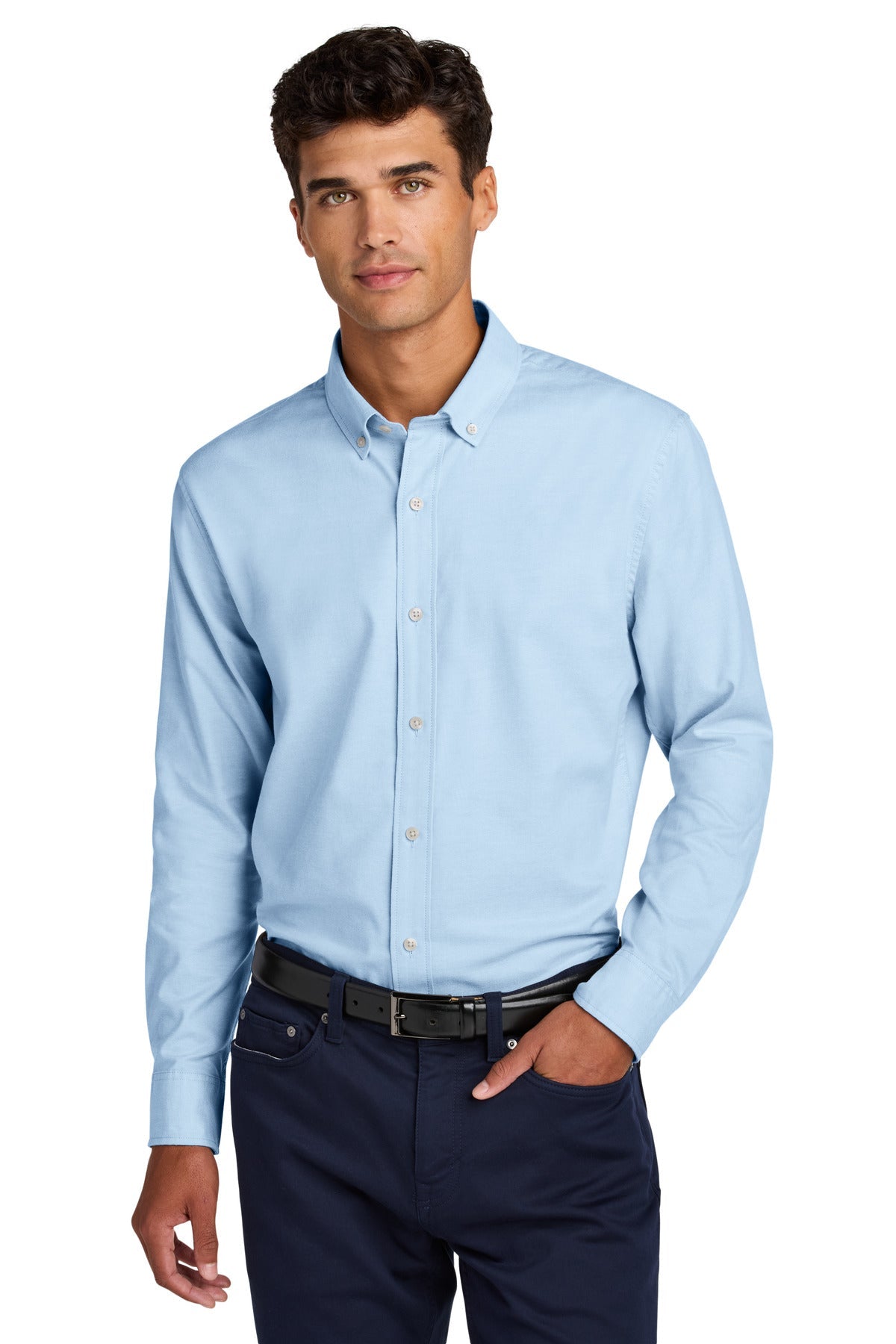 Front View of LightBlue Mercer+Mettle Long Sleeve Modern Oxford Shirt MM2002