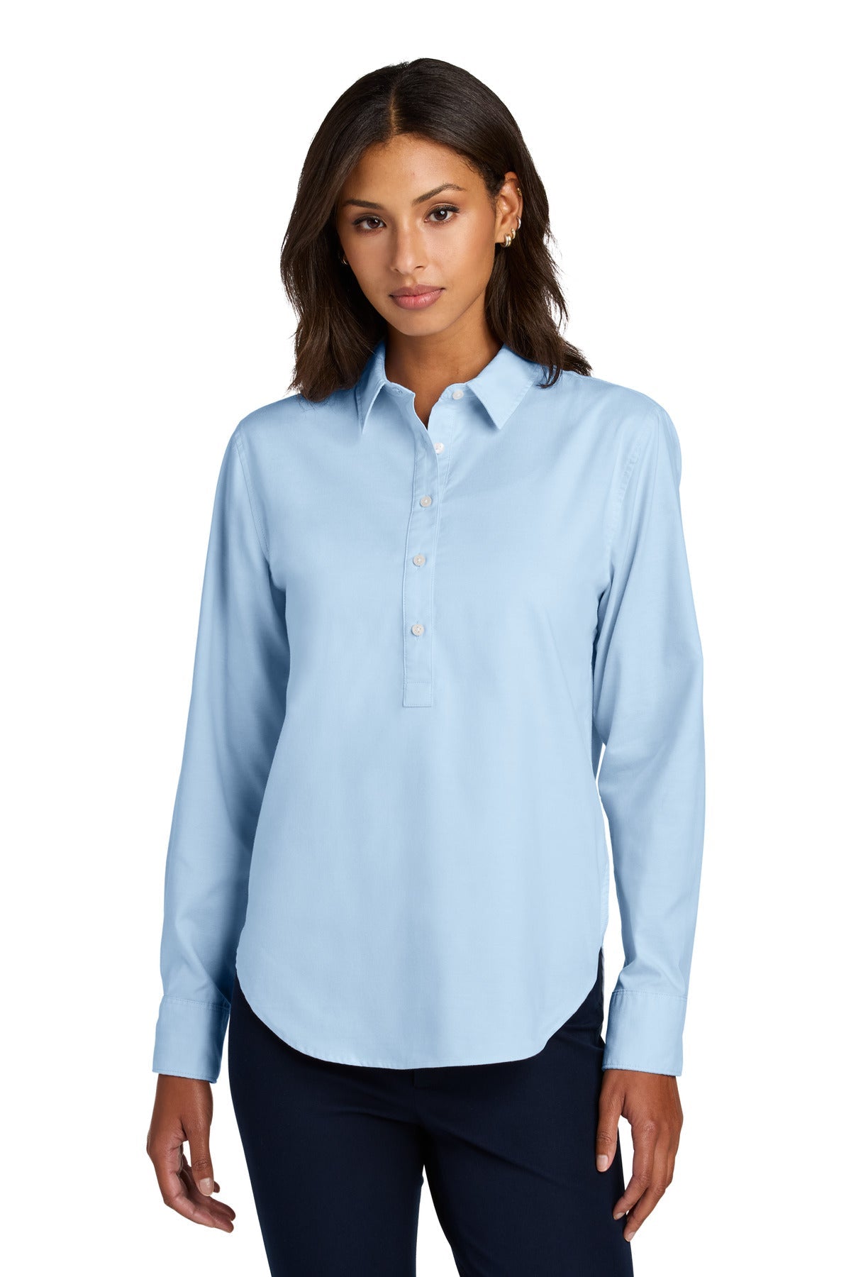 Front View of LightBlue Mercer+Mettle Women's Long Sleeve Modern Oxford Shirt MM2003