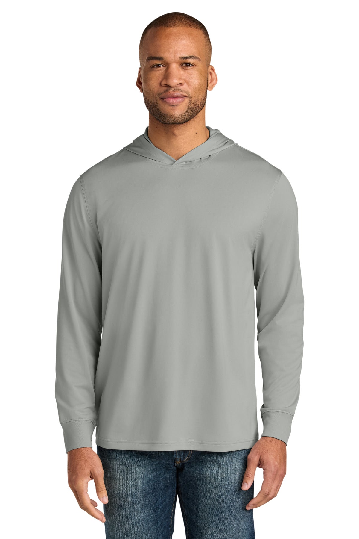 Front View of LightGrey CornerStone Workwear Pro Long Sleeve Hooded Tee CS440LSH