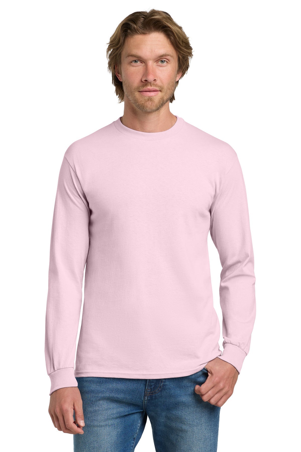 Front View of LightPink Gildan - Heavy Cotton 100% Cotton Long Sleeve T-Shirt. 5400