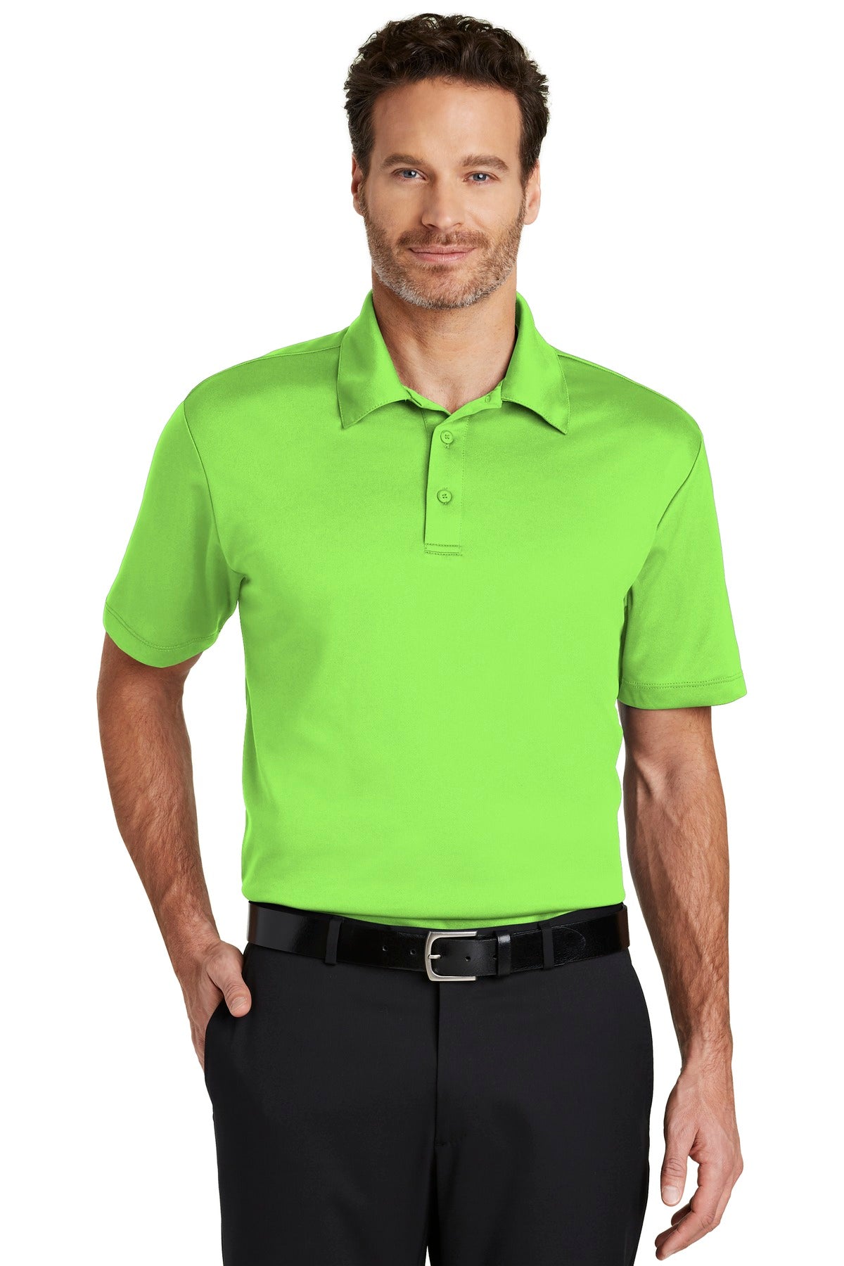 Front View of Lime Port Authority Silk Touch Performance Polo. K540