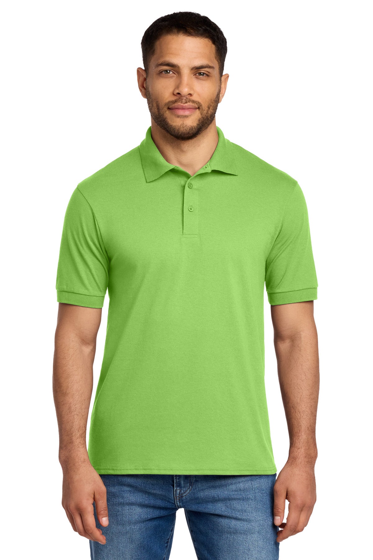 Front View of Lime Port & Co Core Blend Jersey Knit Polo. KP55