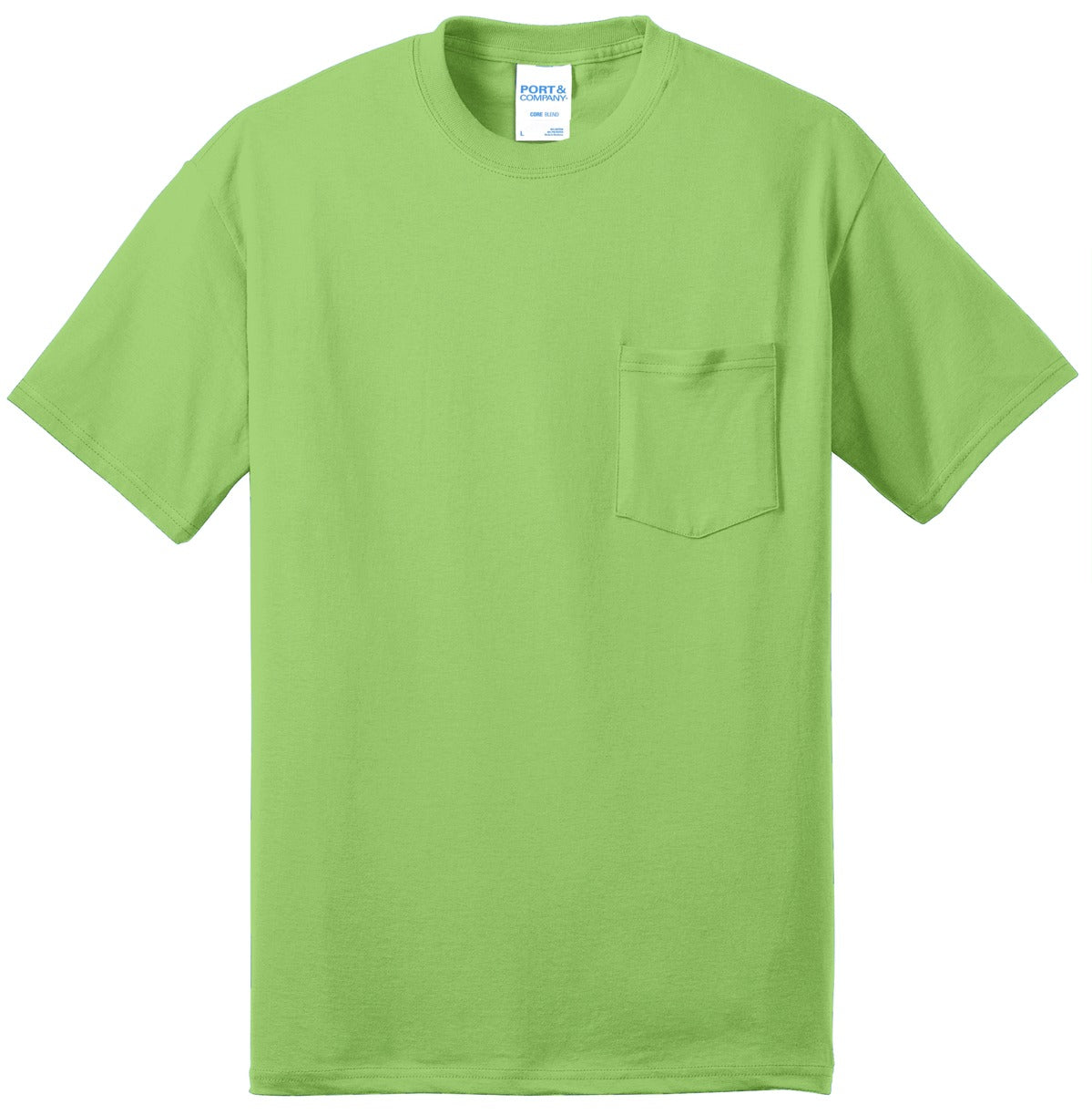 Front View of Lime Port & Co Core Blend Pocket Tee. PC55P