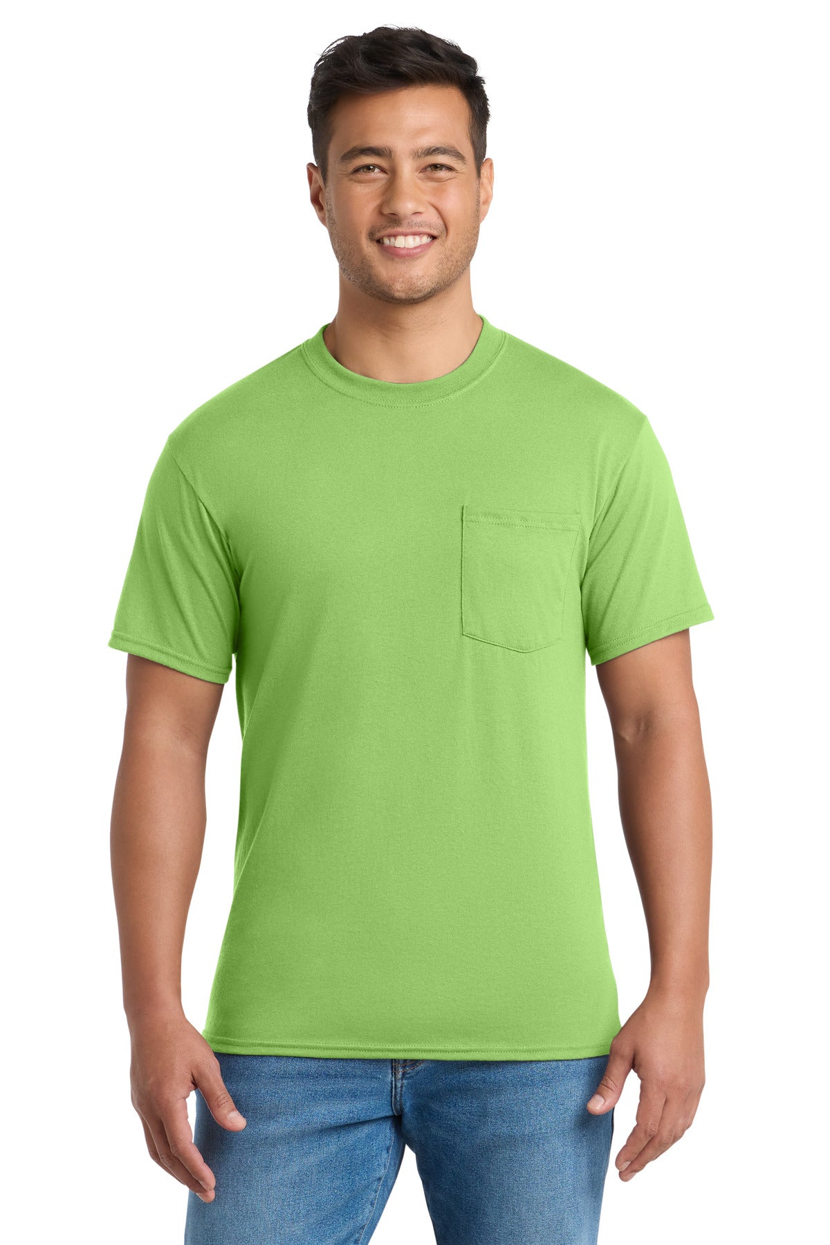 Front View of Lime Port & Co Core Blend Pocket Tee. PC55P