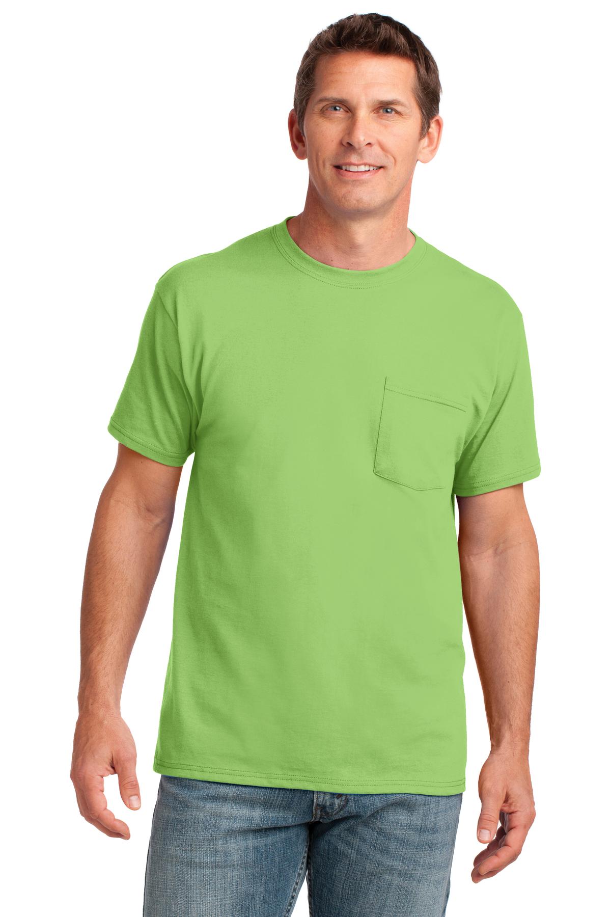 Front View of Lime Port & Co Core Cotton Pocket Tee. PC54P