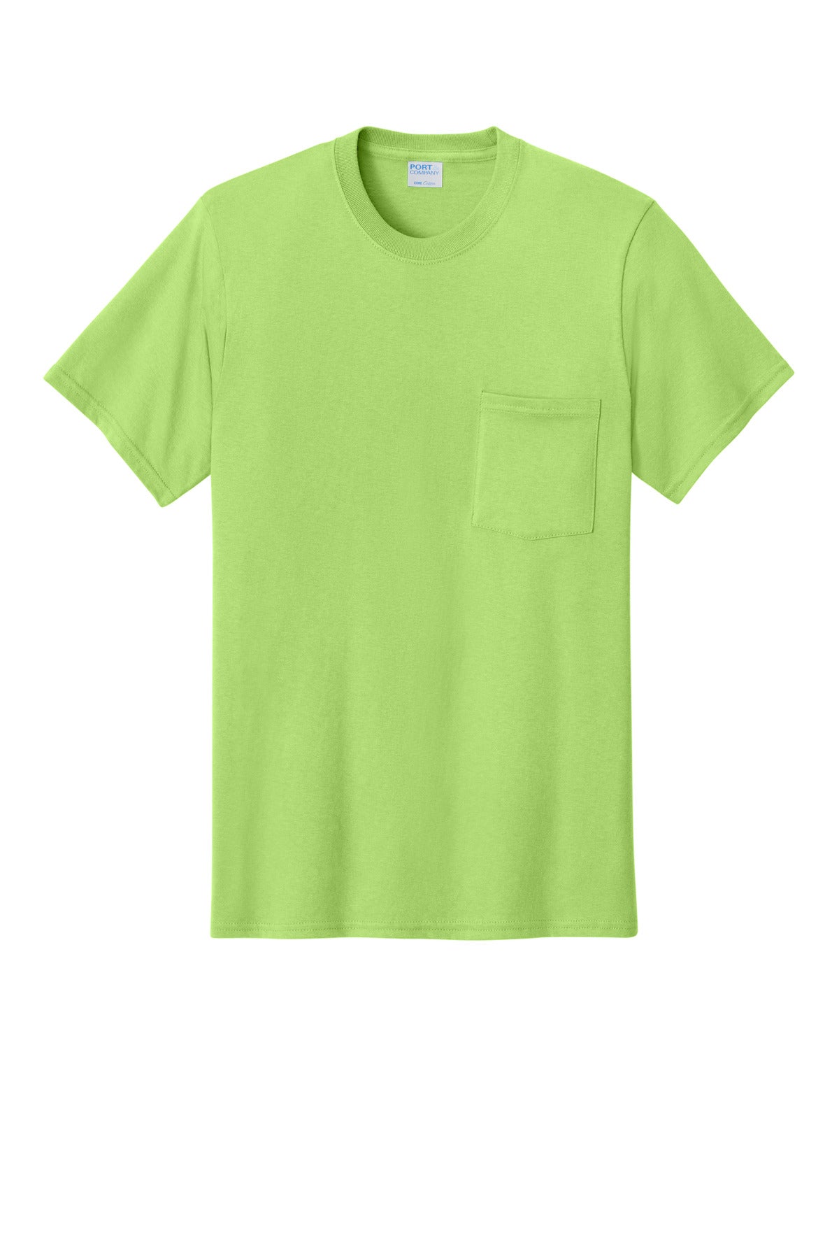 Front View of Lime Port & Co Core Cotton Pocket Tee. PC54P