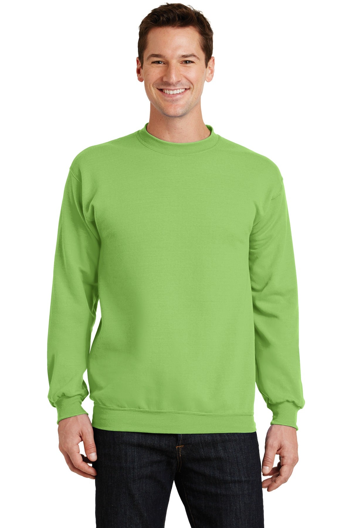 Front View of Lime Port & Co Core Fleece Crewneck Sweatshirt. PC78