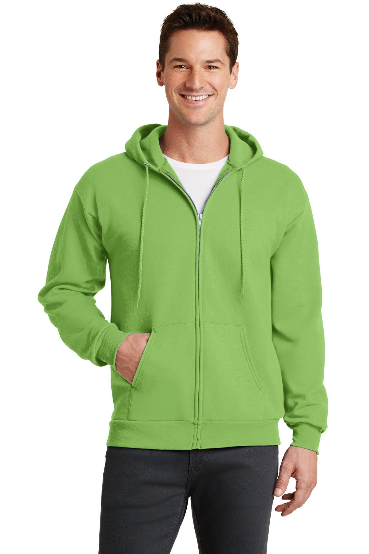 Front View of Lime Port & Co Core Fleece Full-Zip Hooded Sweatshirt. PC78ZH