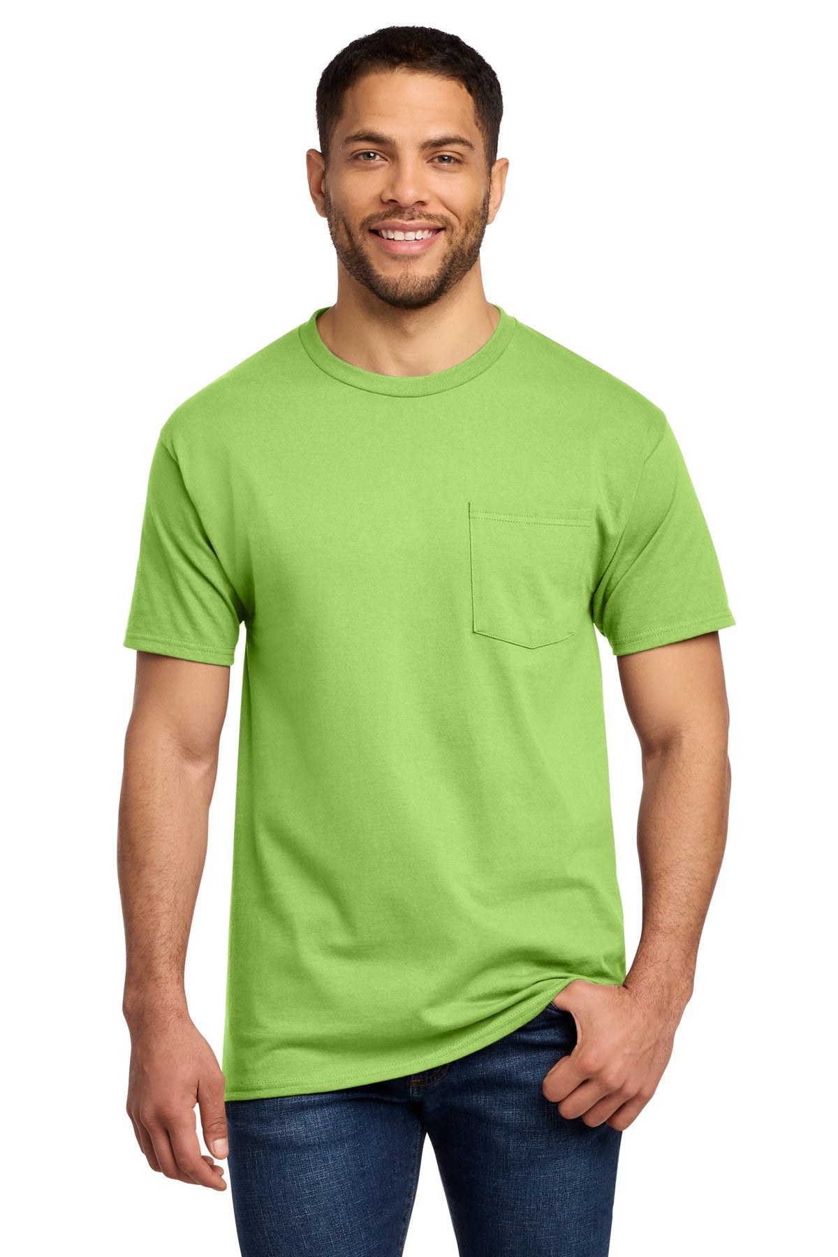 Front View of Lime Port & Co Essential Pocket Tee. PC61P
