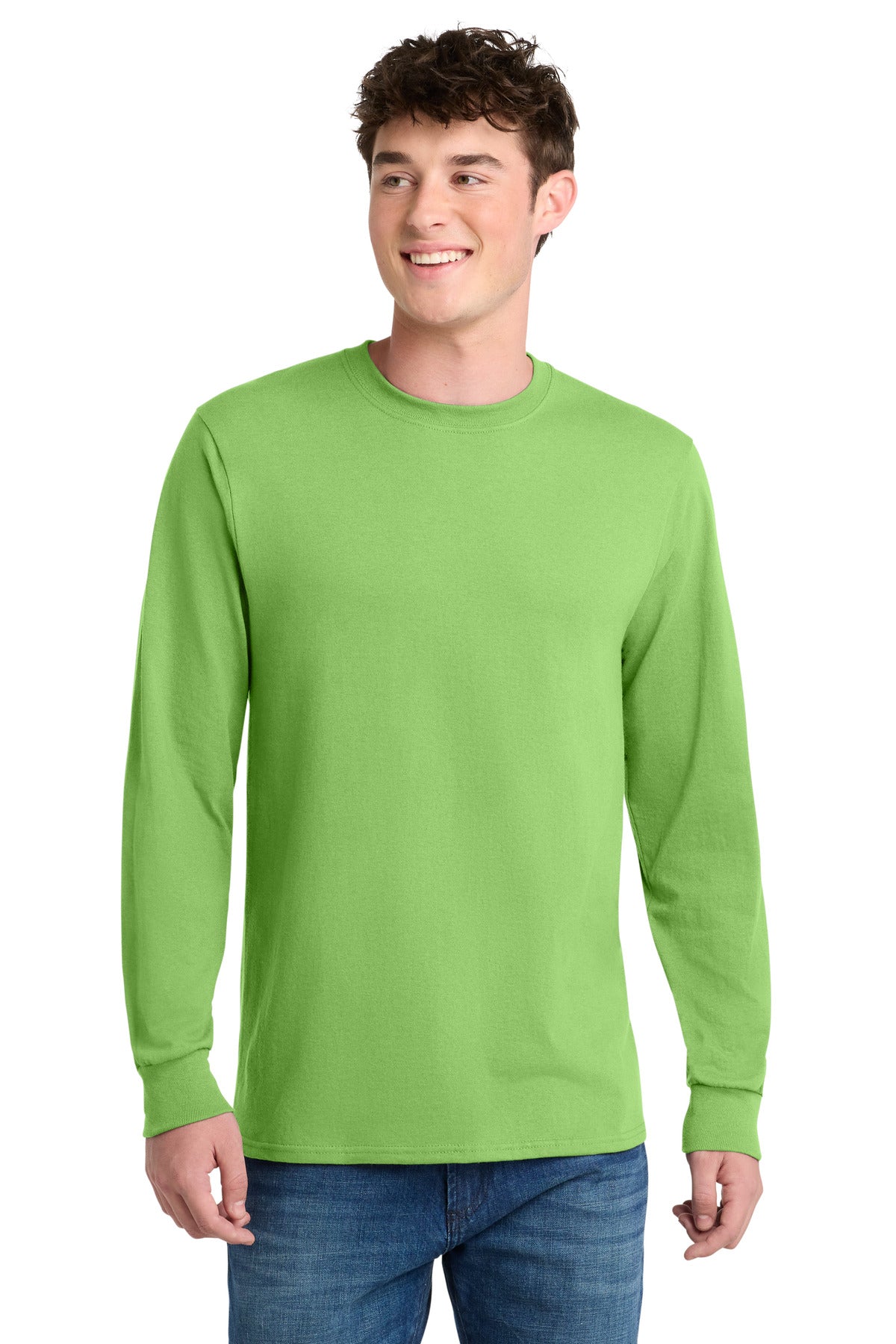 Front View of Lime Port & Co Long Sleeve Core Blend Tee. PC55LS
