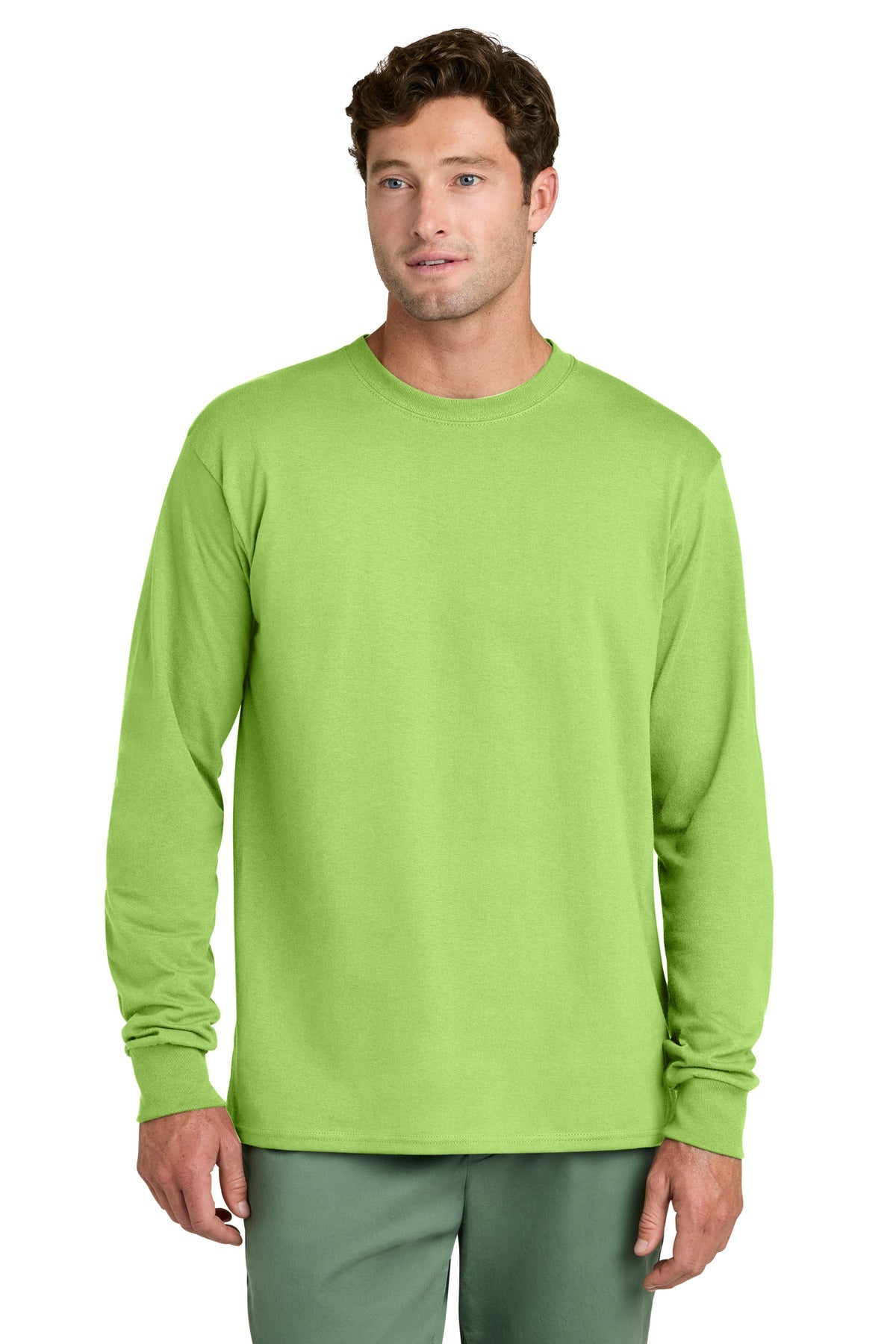 Front View of Lime Port & Co Long Sleeve Core Cotton Tee. PC54LS