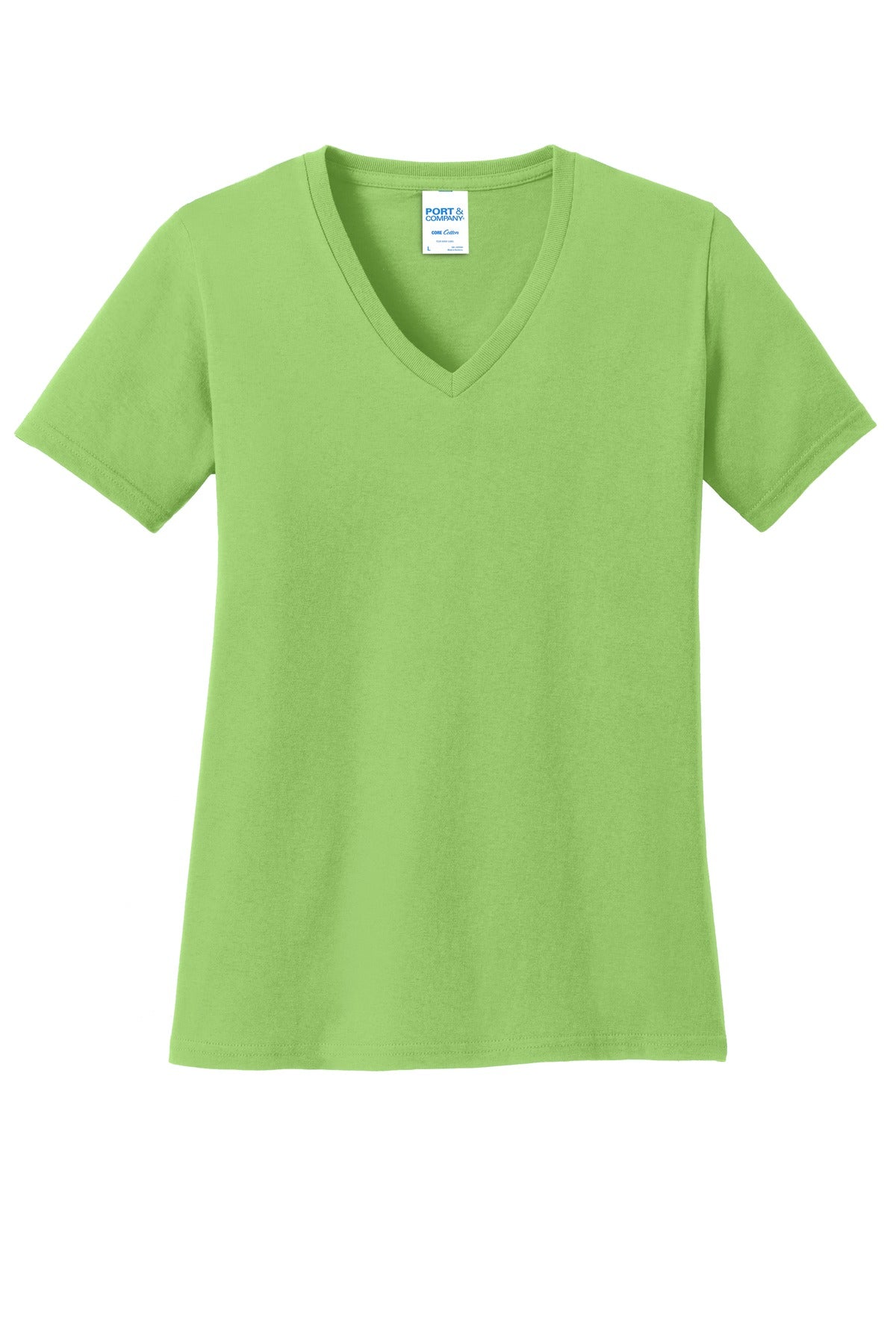 Front View of Lime Port & Co Women's Core Cotton V-Neck Tee. LPC54V