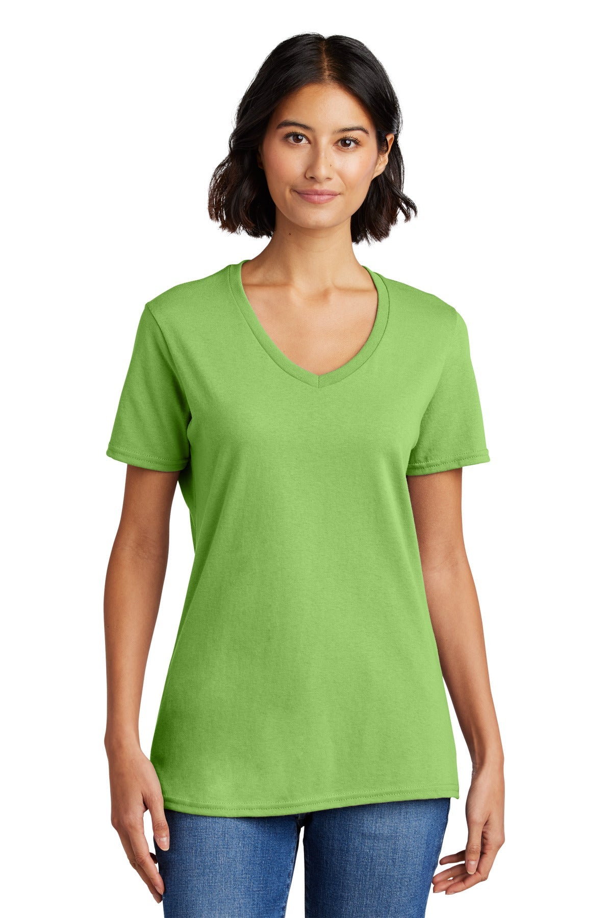 Front View of Lime Port & Co Women's Core Cotton V-Neck Tee. LPC54V