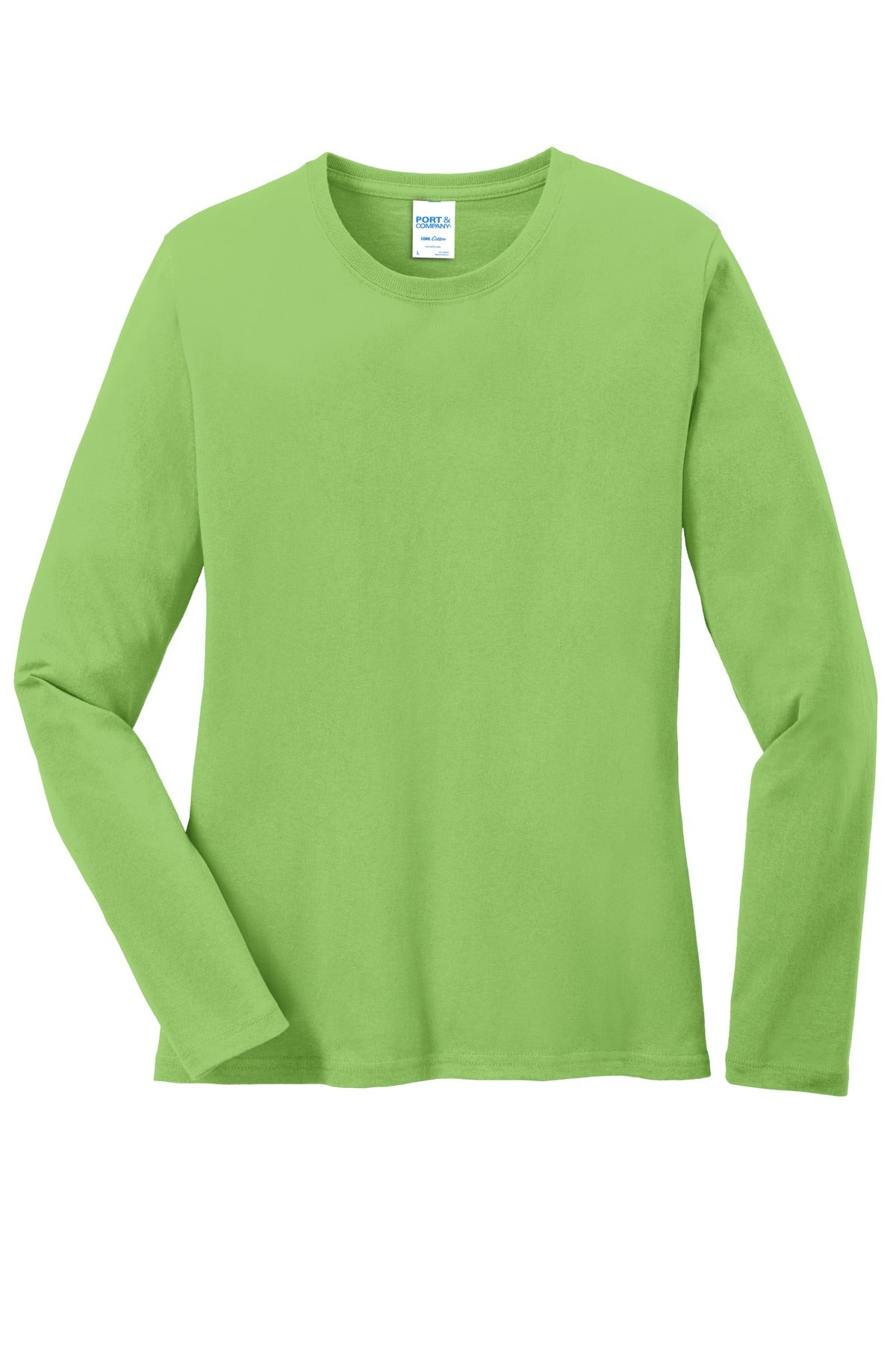 Front View of Lime Port & Co Women's Long Sleeve Core Cotton Tee. LPC54LS