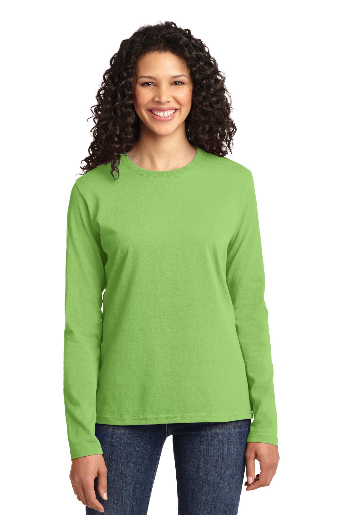 Front View of Lime Port & Co Women's Long Sleeve Core Cotton Tee. LPC54LS