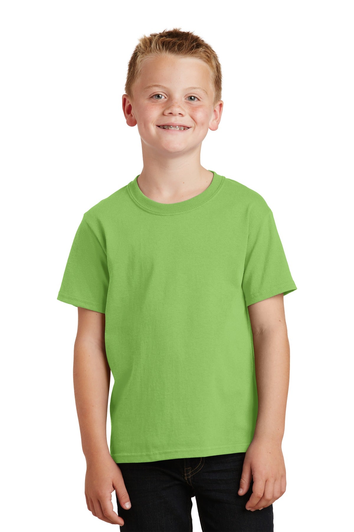 Front View of Lime Port & Co Youth Core Cotton Tee. PC54Y