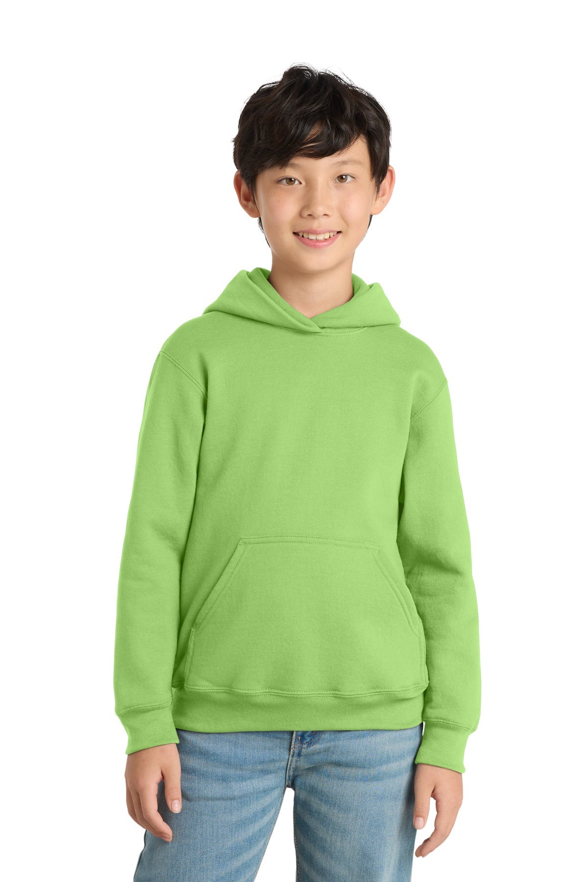 Front View of Lime Port & Co Youth Core Fleece Pullover Hooded Sweatshirt. PC90YH