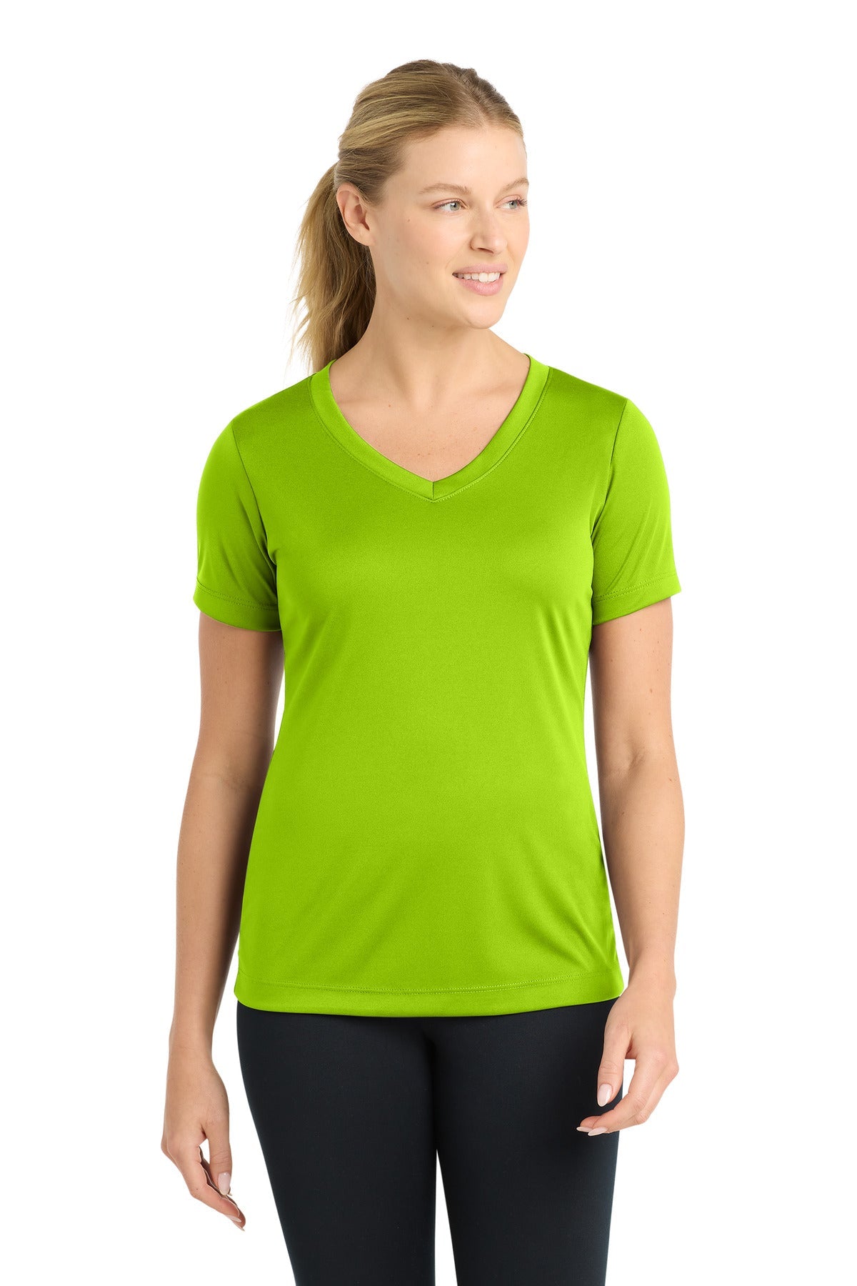 Front View of Lime Shock Sport-Tek Women's PosiCharge Competitor V-Neck Tee. LST353