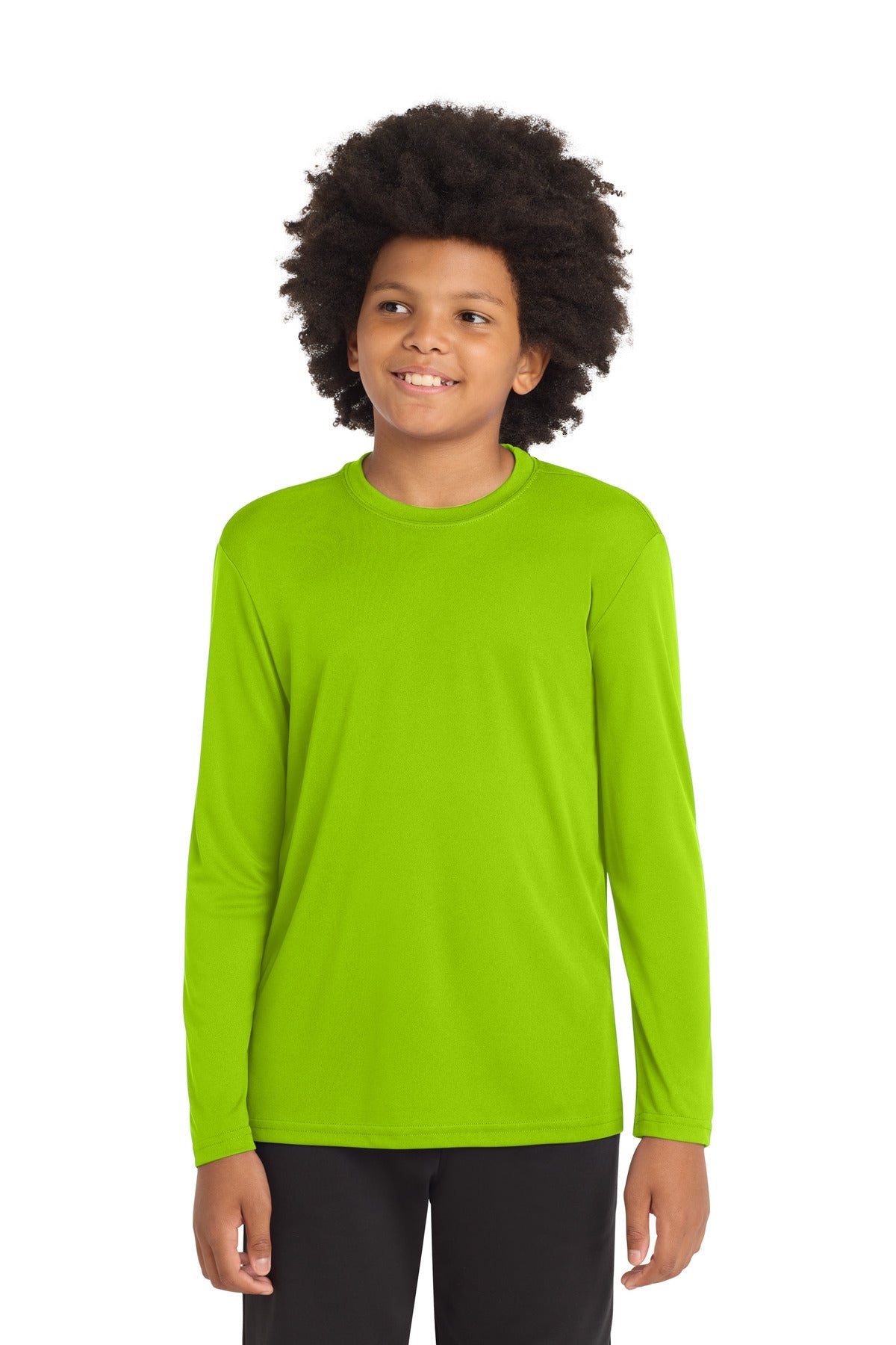 Front View of Lime Shock Sport-Tek Youth Long Sleeve PosiCharge Competitor Tee. YST350LS