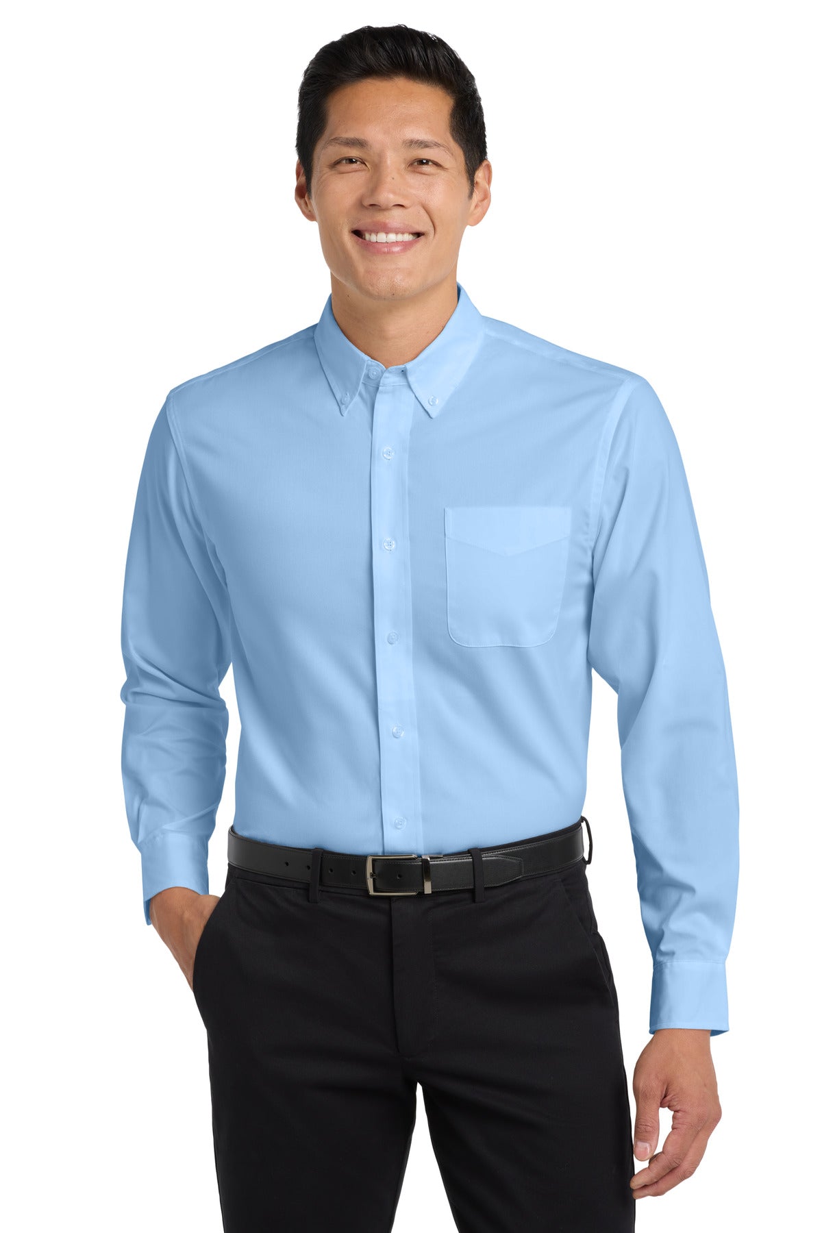 Front View of Lt Blue/Lt Stn Port Authority Long Sleeve Easy Care Shirt S608