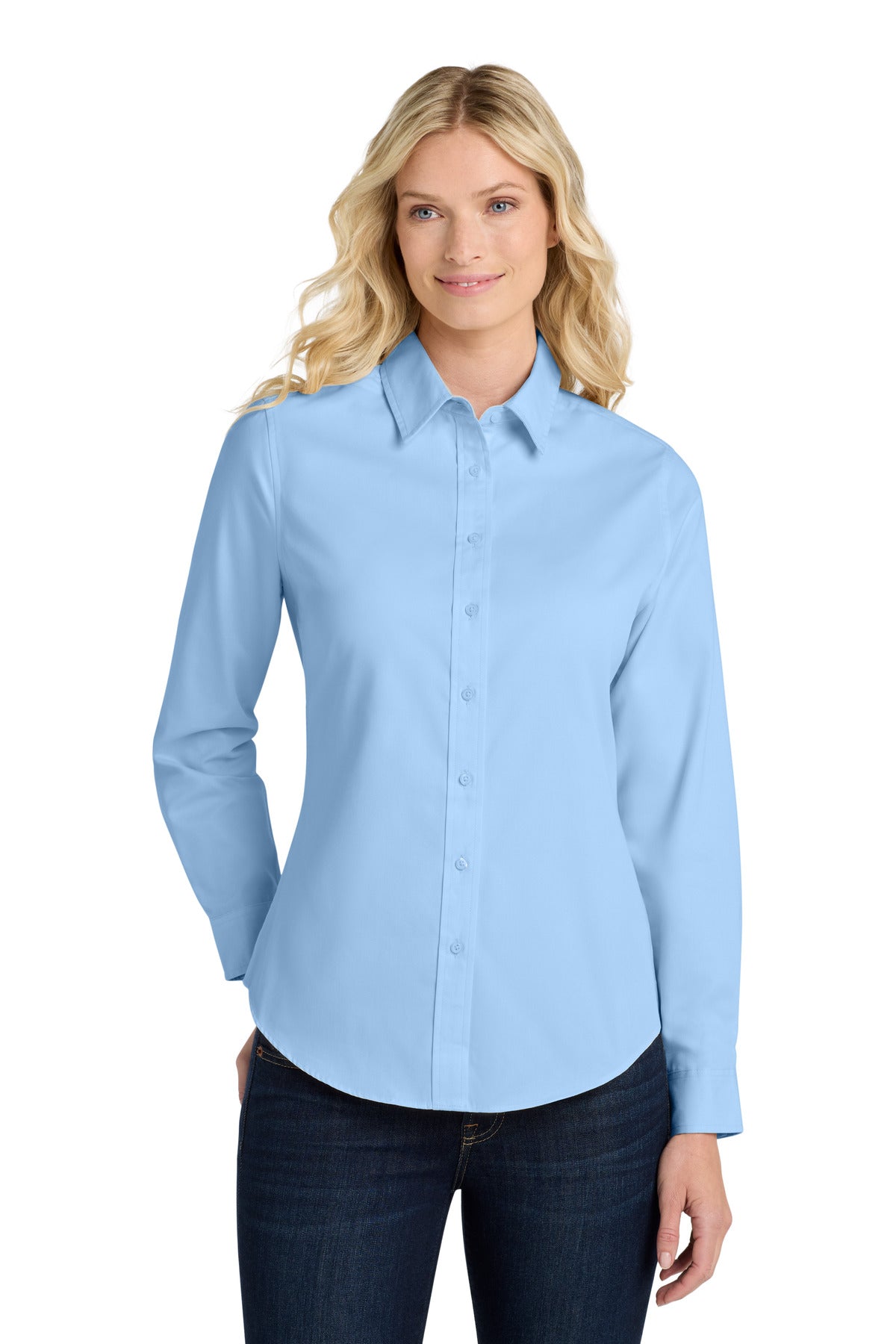 Front View of Lt Blue/Lt Stn Port Authority Women's Long Sleeve Easy Care Shirt. L608