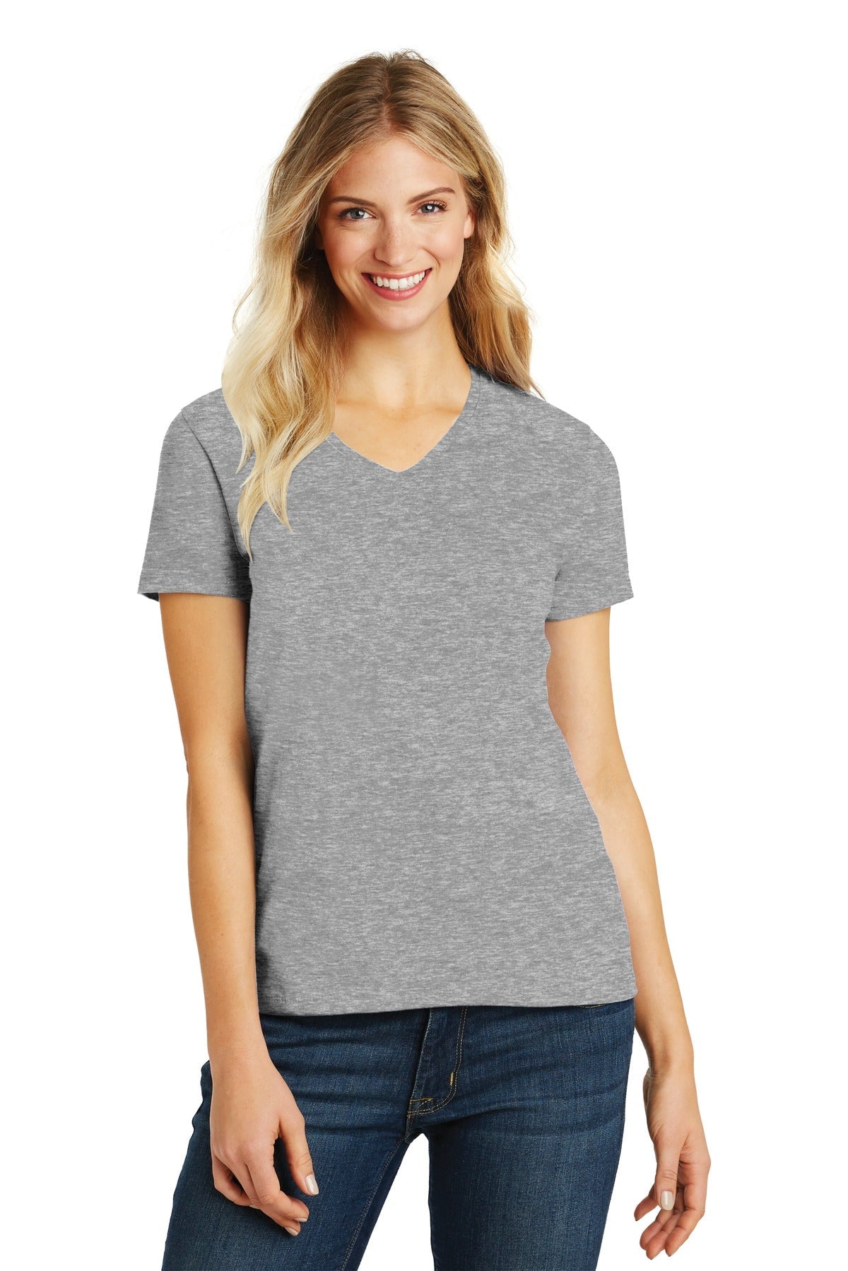 Front View of Lt Hthr Grey District Women's Perfect Blend CVC V-Neck Tee. DM1190L