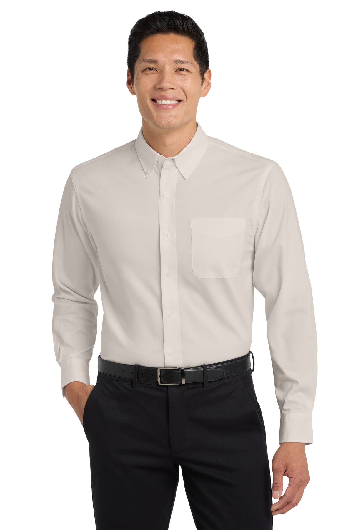 Front View of Lt Stone/Cl Ny Port Authority Long Sleeve Easy Care Shirt S608