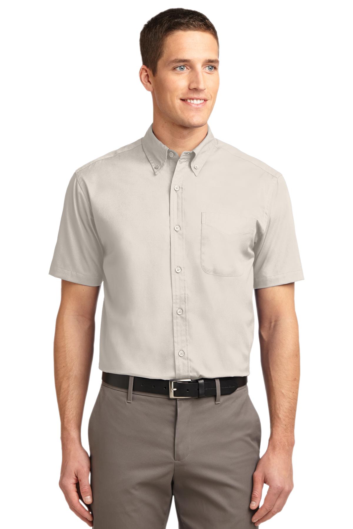 Front View of Lt Stone/Cl Ny Port Authority Short Sleeve Easy Care Shirt. S508