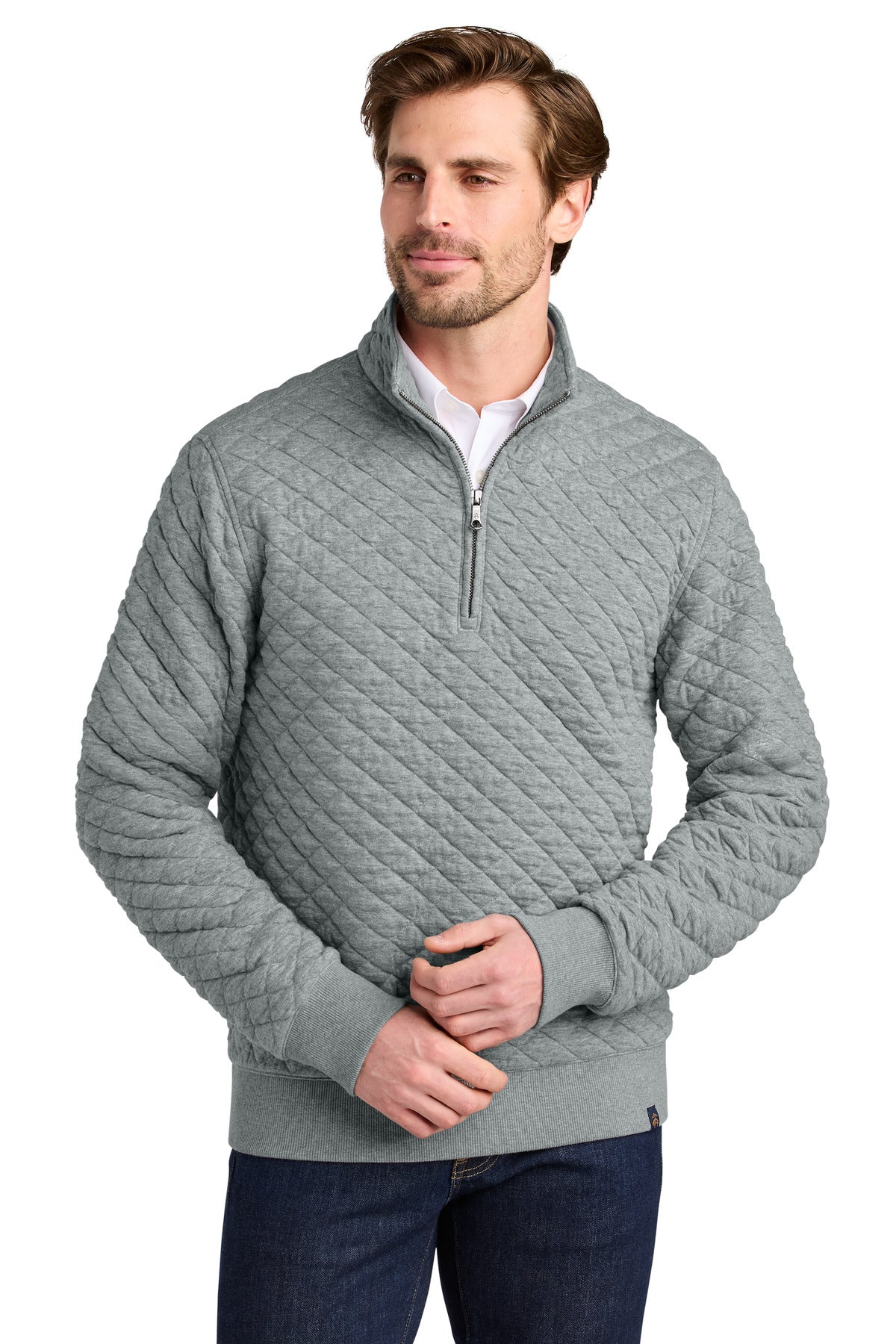 Front View of LtShdGyHtr Brooks Brothers Diamond Quilt 1/4-Zip BB18212